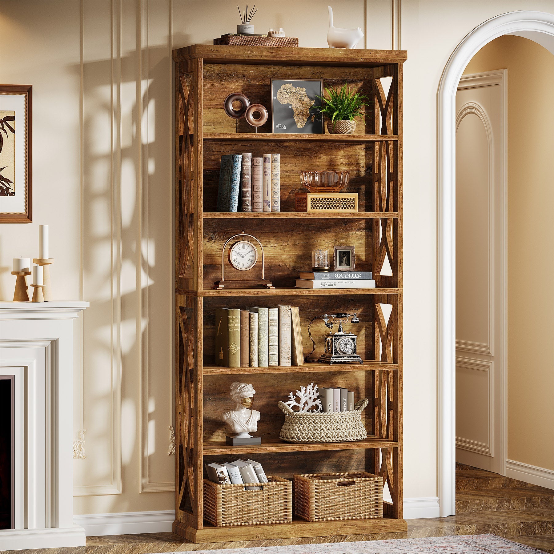 71" Wooden Bookshelf, 6-Tier Freestanding Bookcase Display Shelves