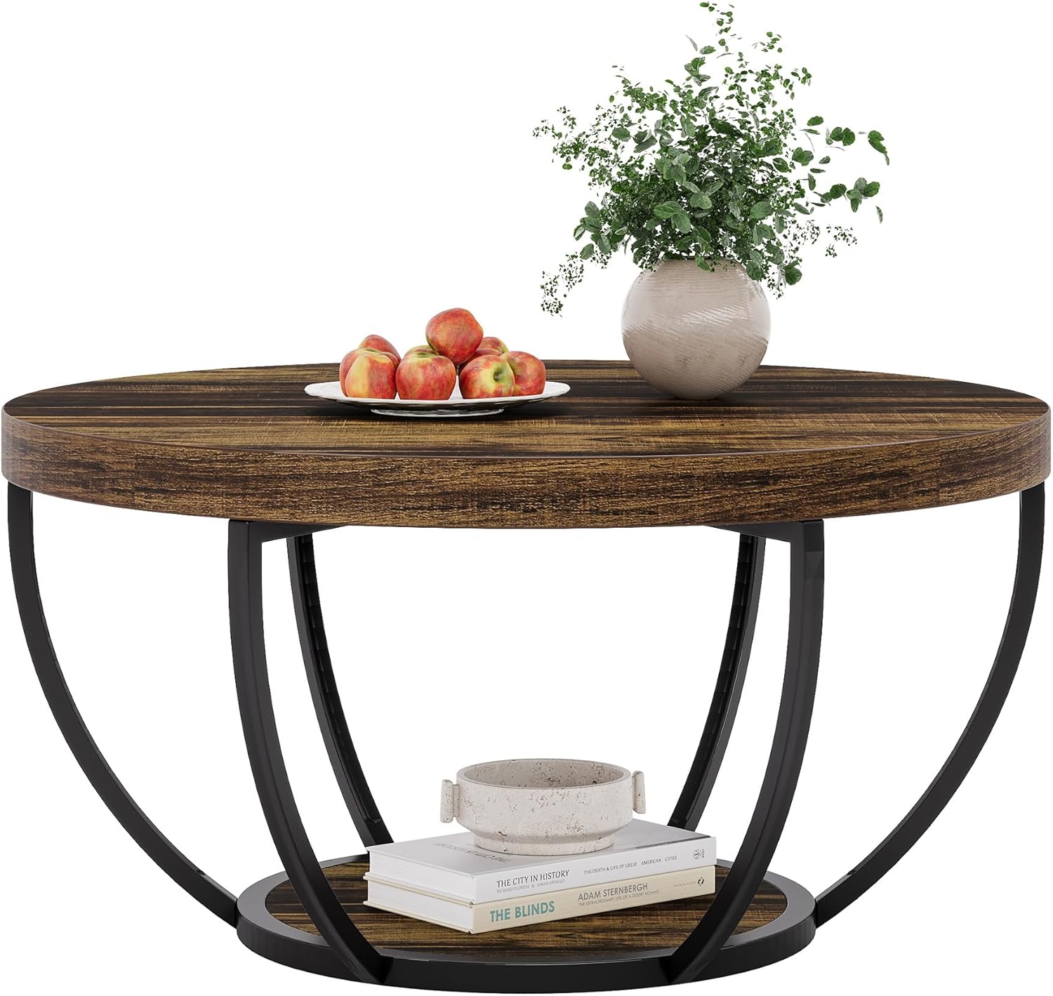 31.69" Round Wooden Coffee Table, 2-Tier Central Cocktail Table with Shelves