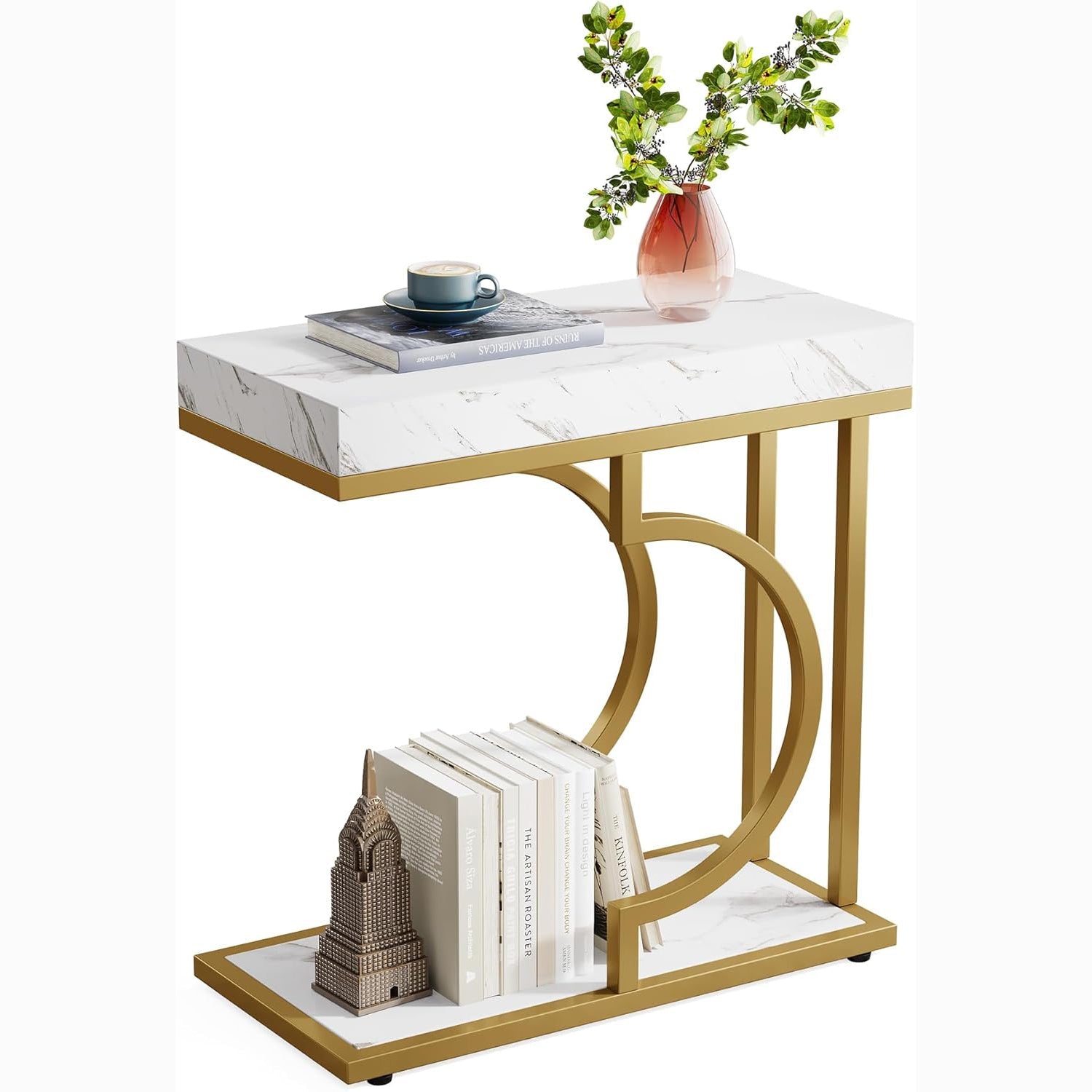 24" Modern C-Shaped Side Table, White & Gold Narrow End Table with Metal Frame