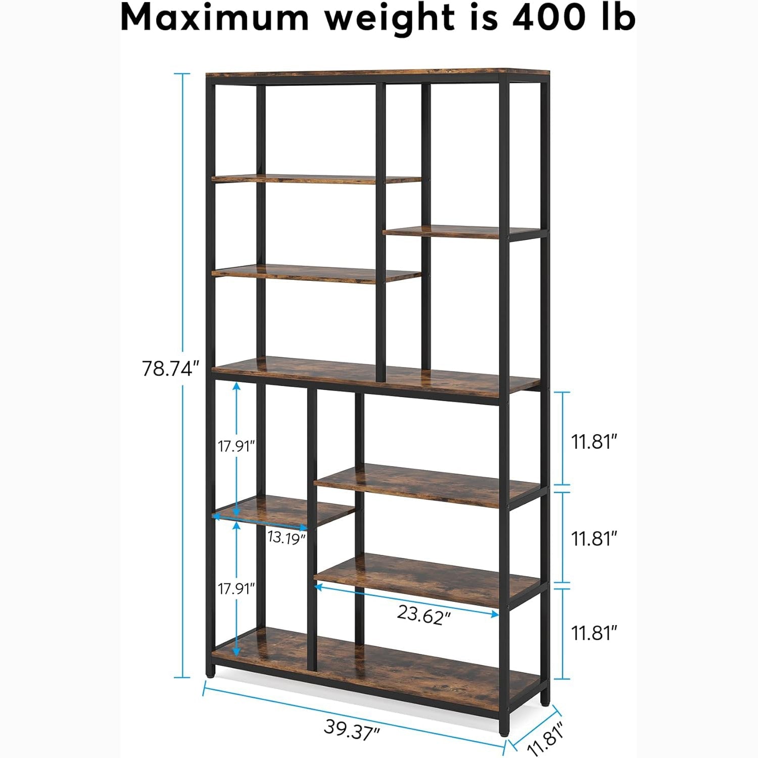 79" Industrial Bookcase, 8-Shelf Staggered Wood & Metal Display Shelf
