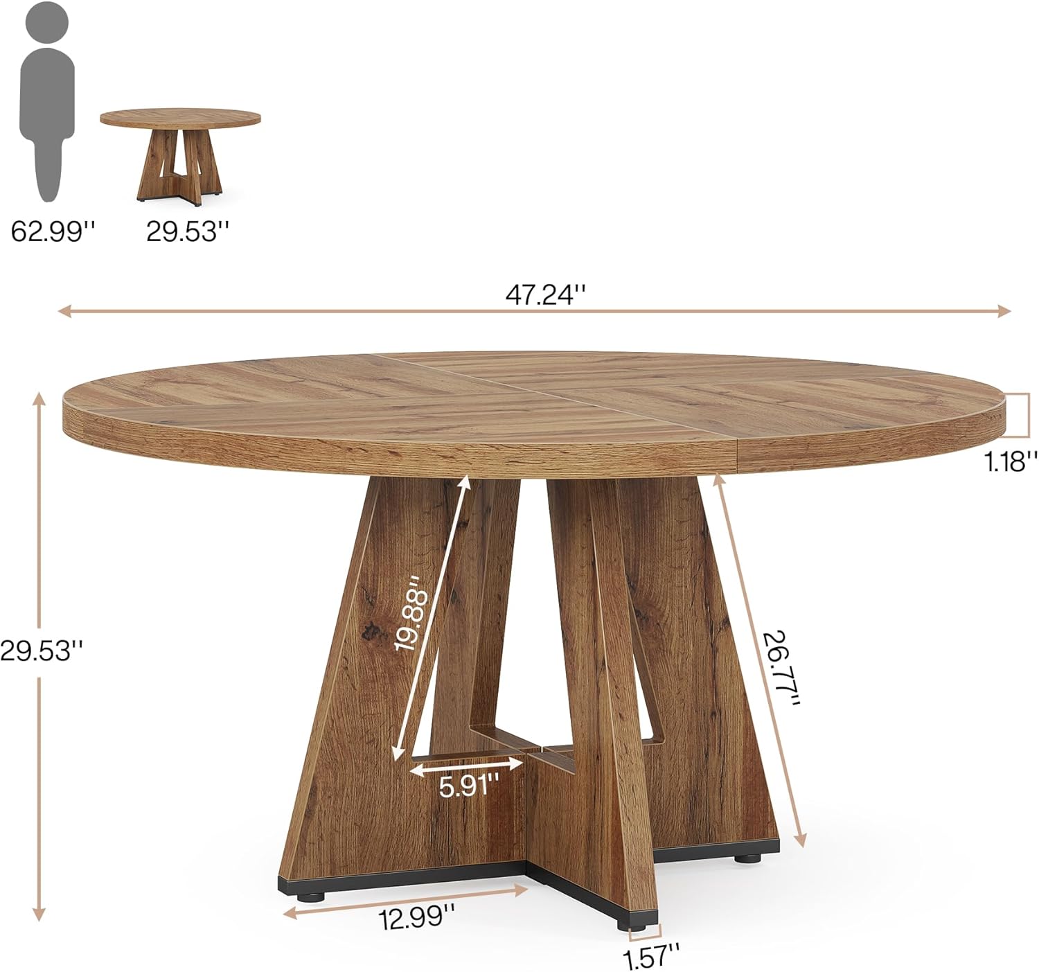 47" Round Dining Table, Farmhouse Wood Kitchen Table for 4-6 with Cross Base