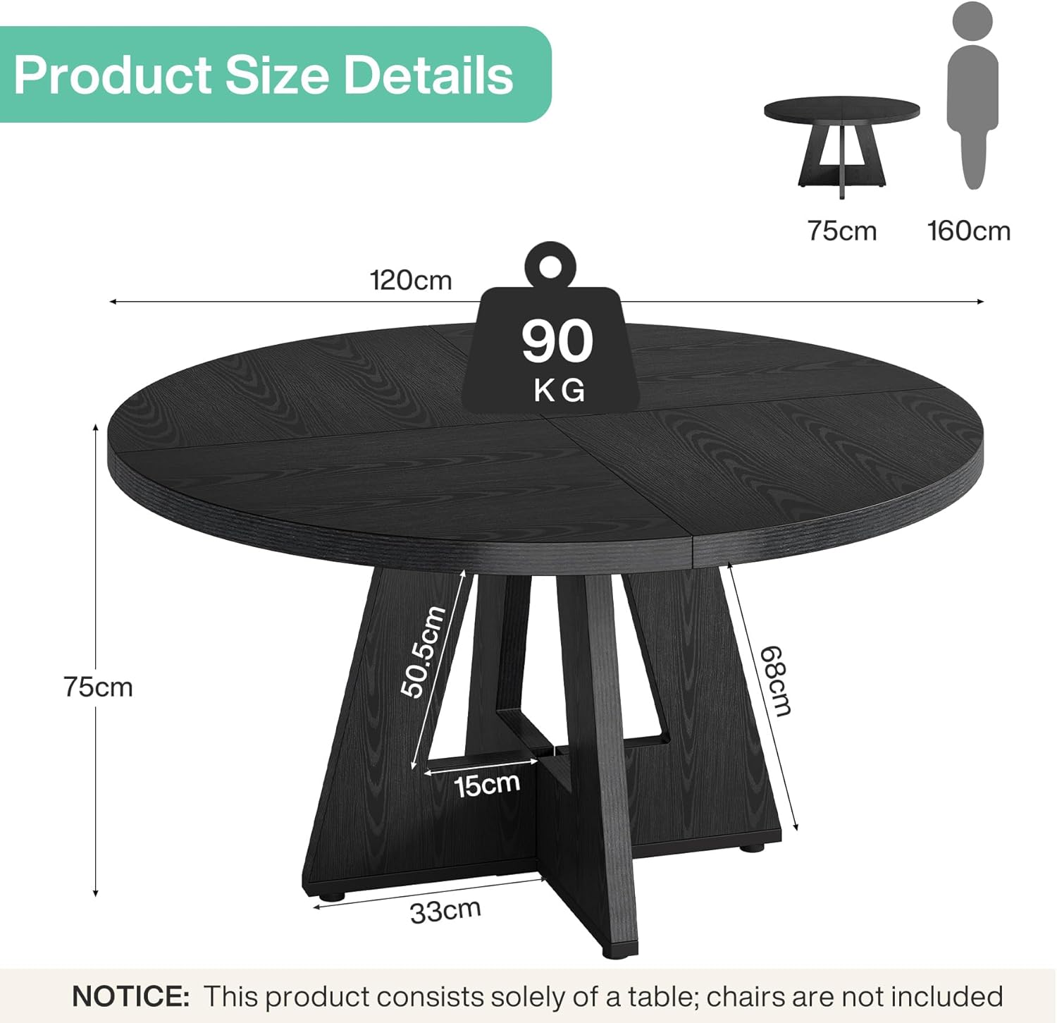 47" Round Dining Table, Farmhouse Wood Kitchen Table for 4-6 with Cross Base