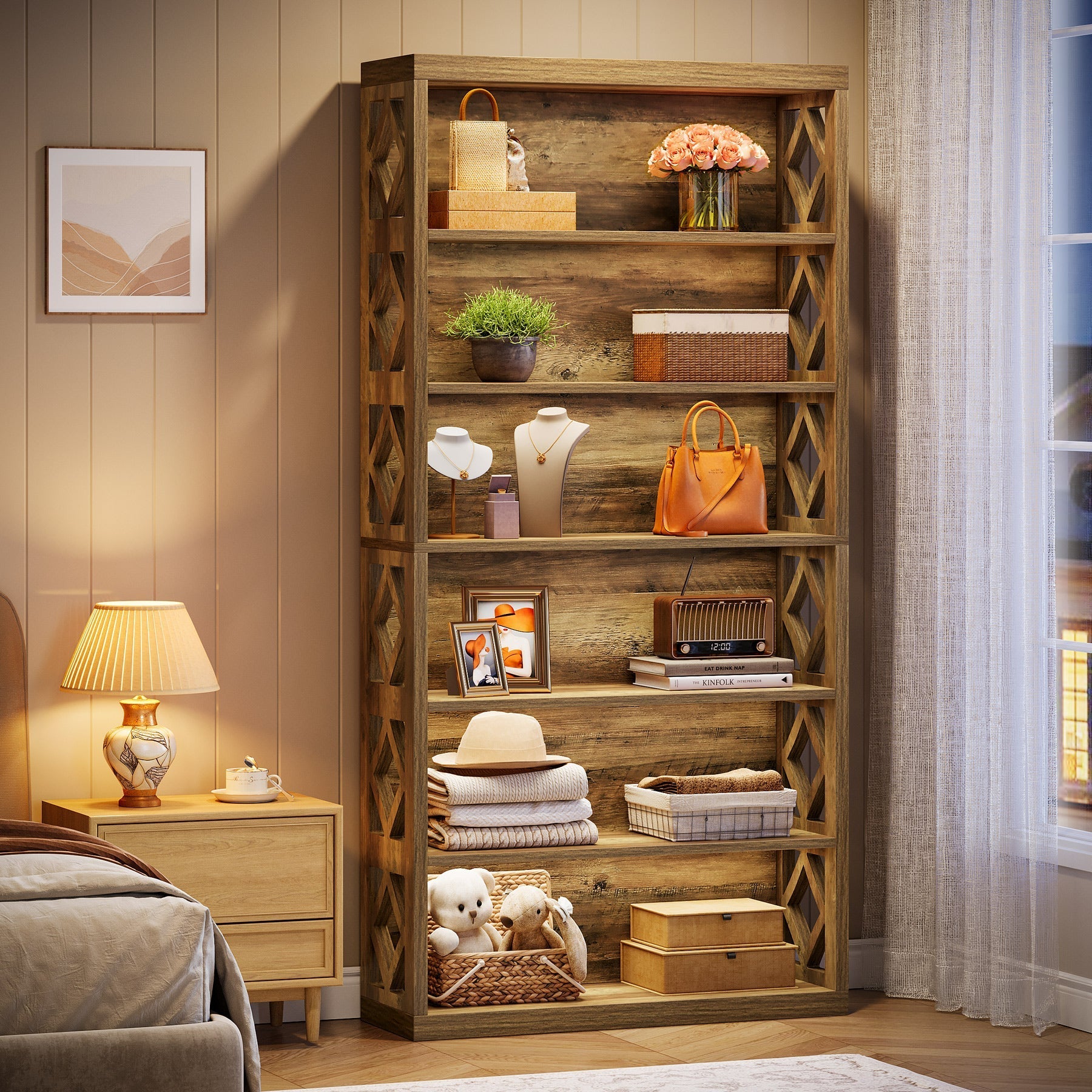 74.8" Bookshelf, 6 - Tier Bookcase Standing Open Display Storage Shelves Tribesigns