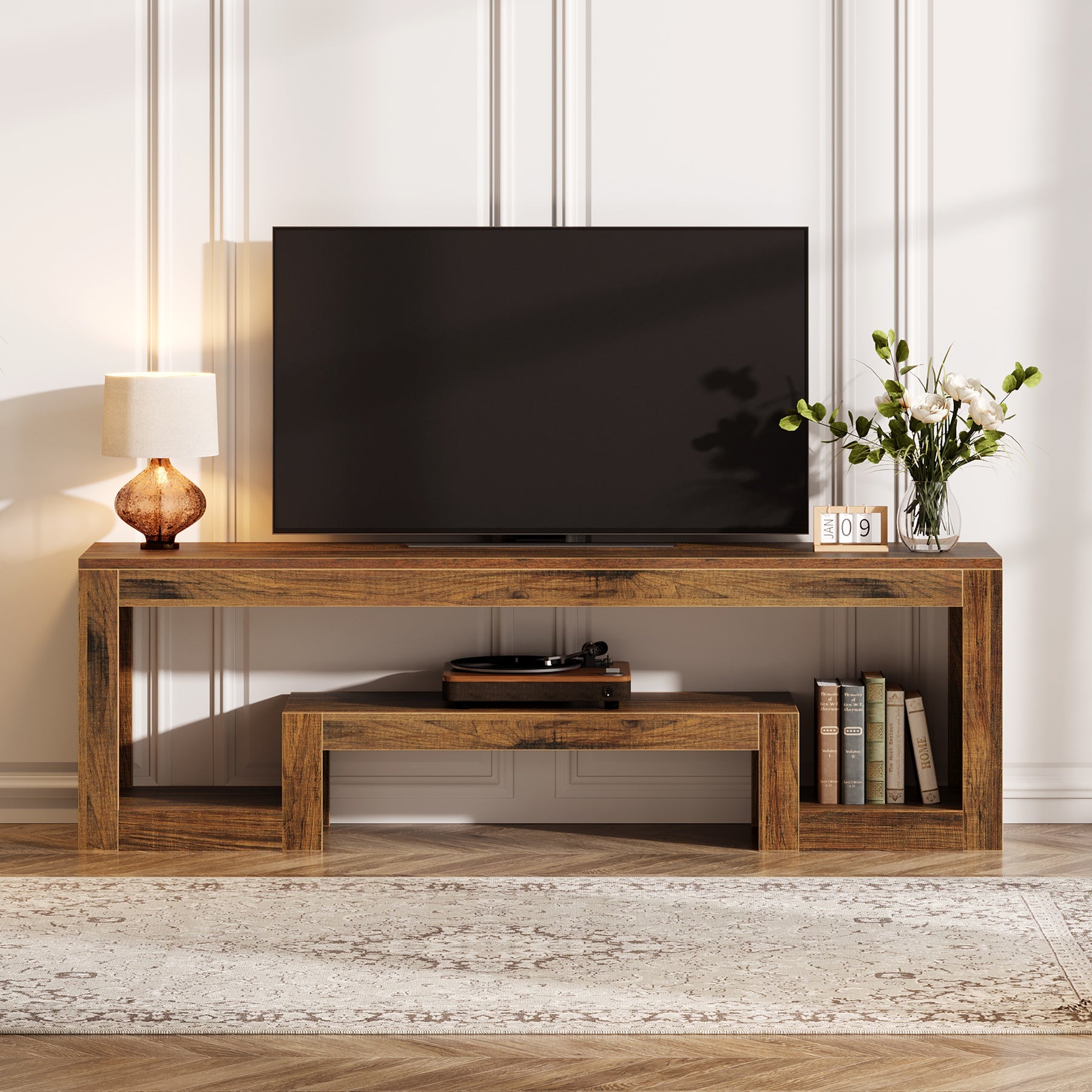 63” TV Stand, Farmhouse Entertainment Center with Open Storage Shelves for Living Room