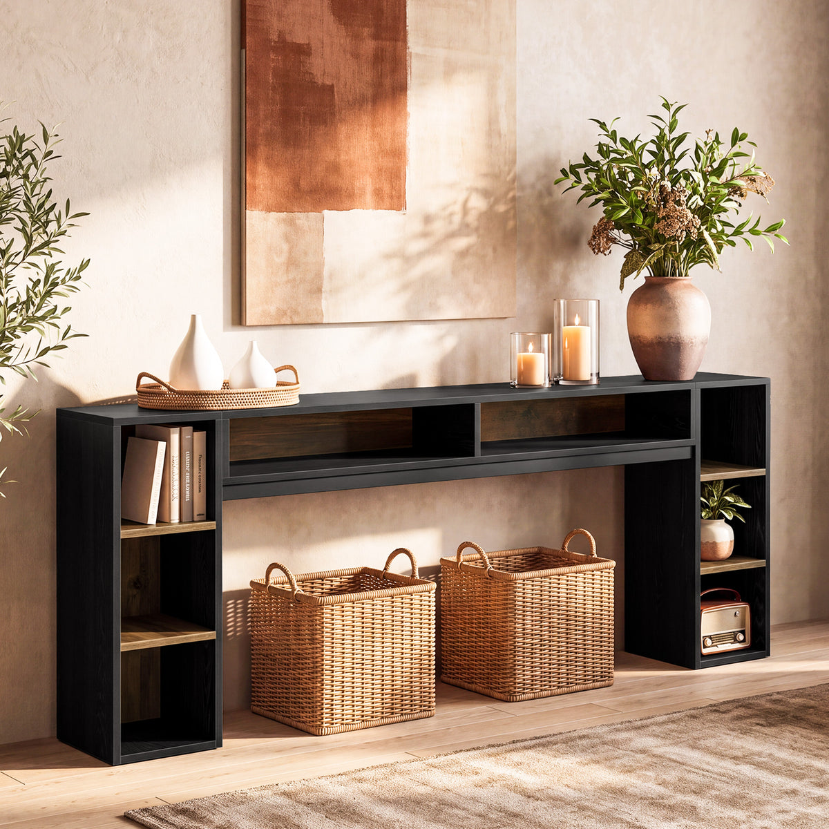 220cm Console Table, Narrow Entryway Table with Open Storage Shelf for Hallway Living Room