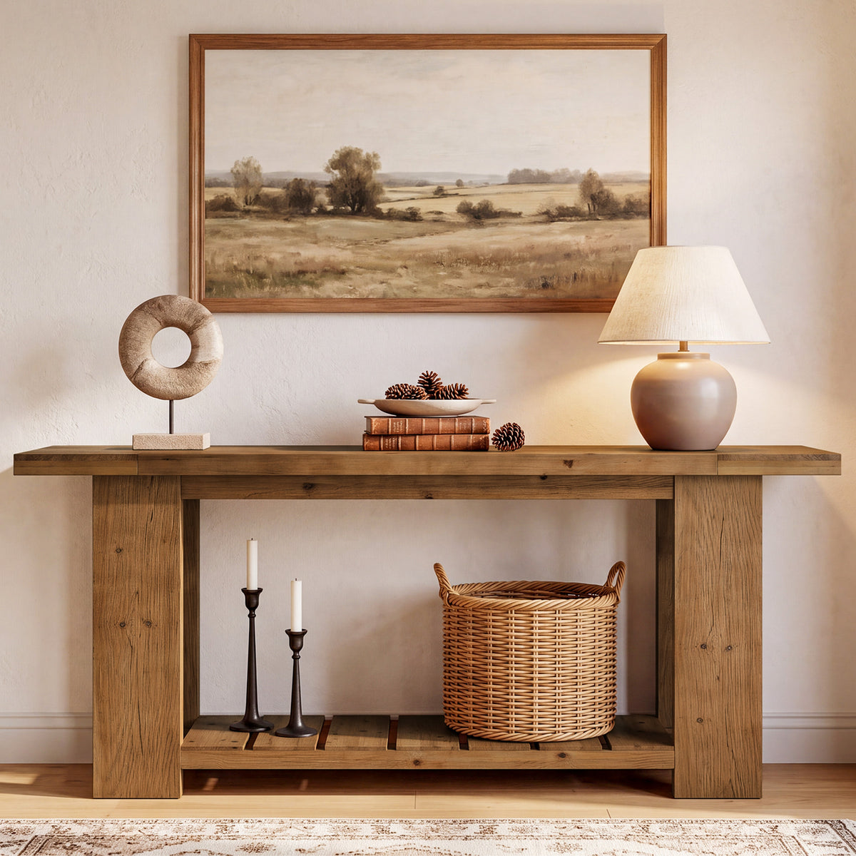 200cm Console Table, Solid Wood Farmhouse Sofa Entryway Table with 2-Tier Storage
