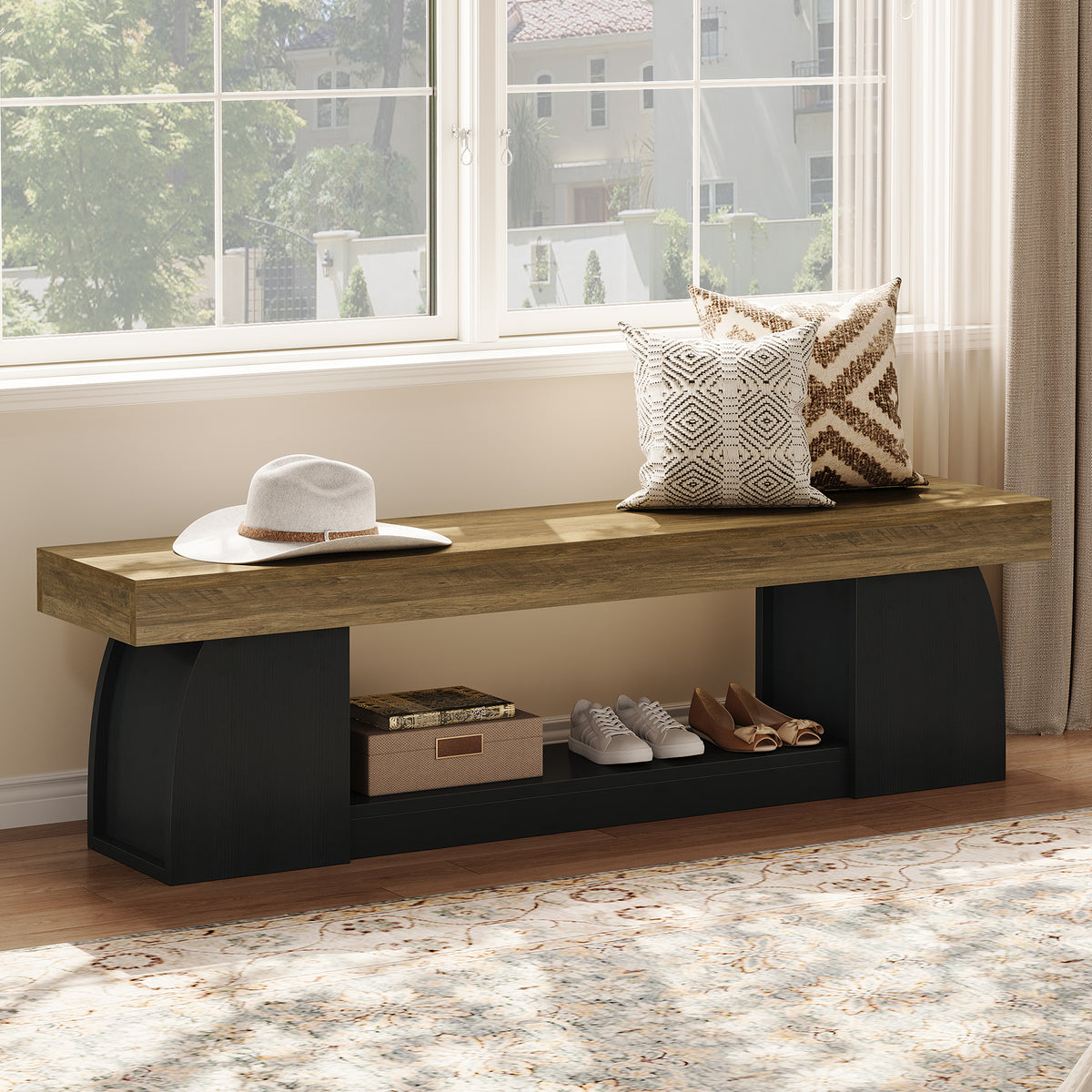 160cm Entryway Bench, 2-Tier Farmhouse End of Bed Bench with Sturdy Frame