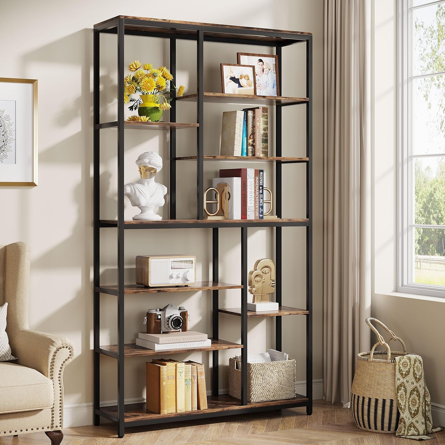 79" Industrial Bookcase, 8-Shelf Staggered Wood & Metal Display Shelf