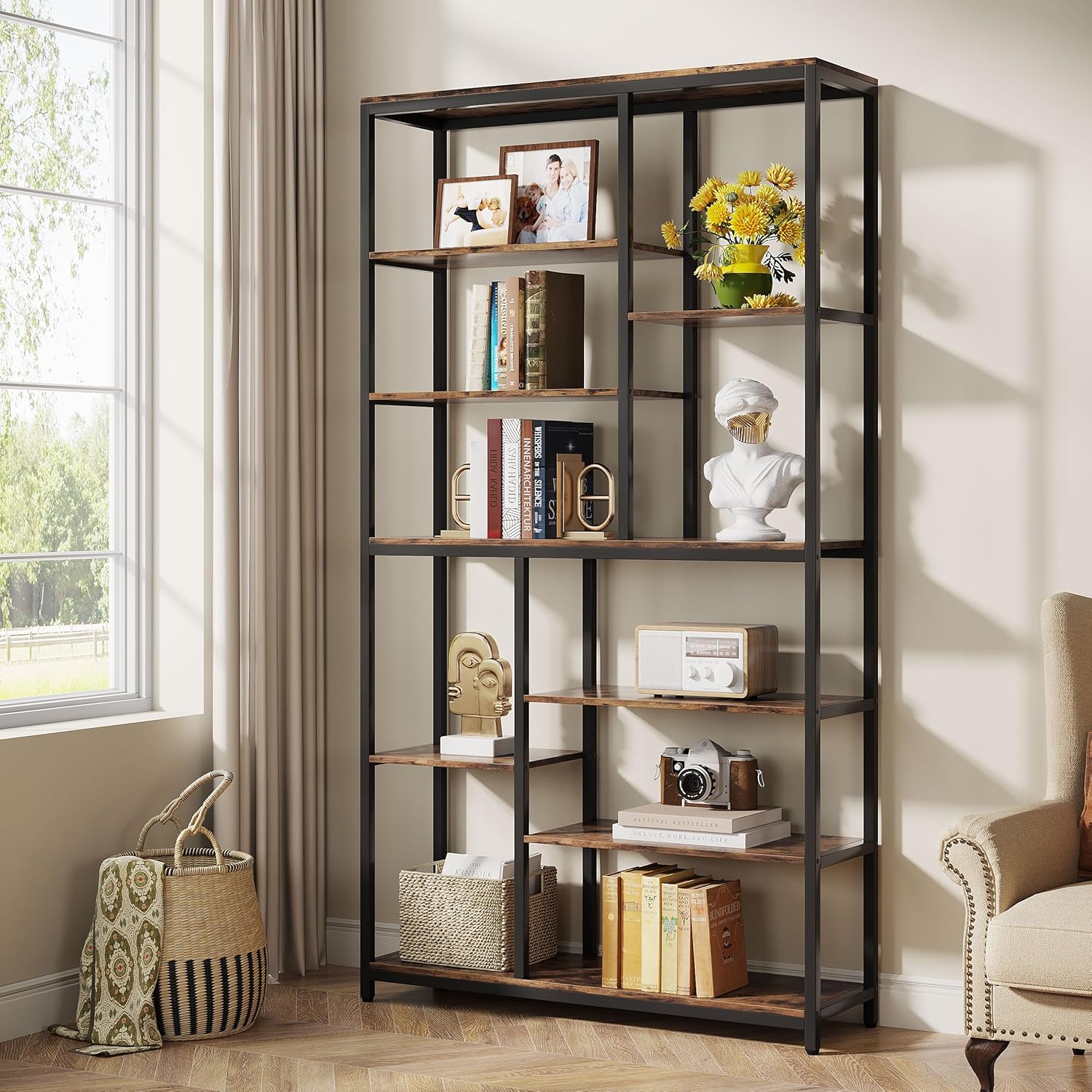 79" Industrial Bookcase, 8-Shelf Staggered Wood & Metal Display Shelf