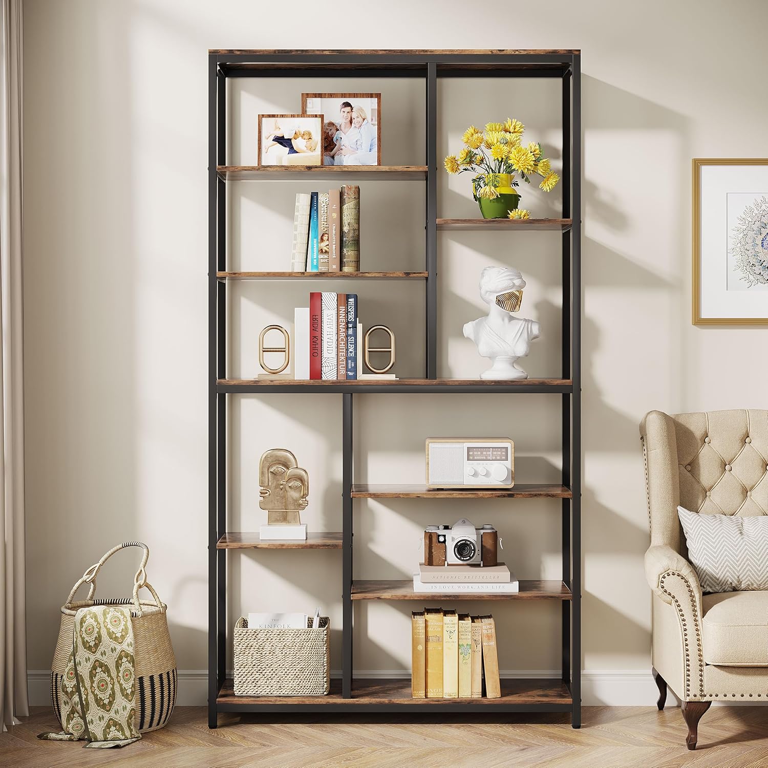 79" Industrial Bookcase, 8-Shelf Staggered Wood & Metal Display Shelf