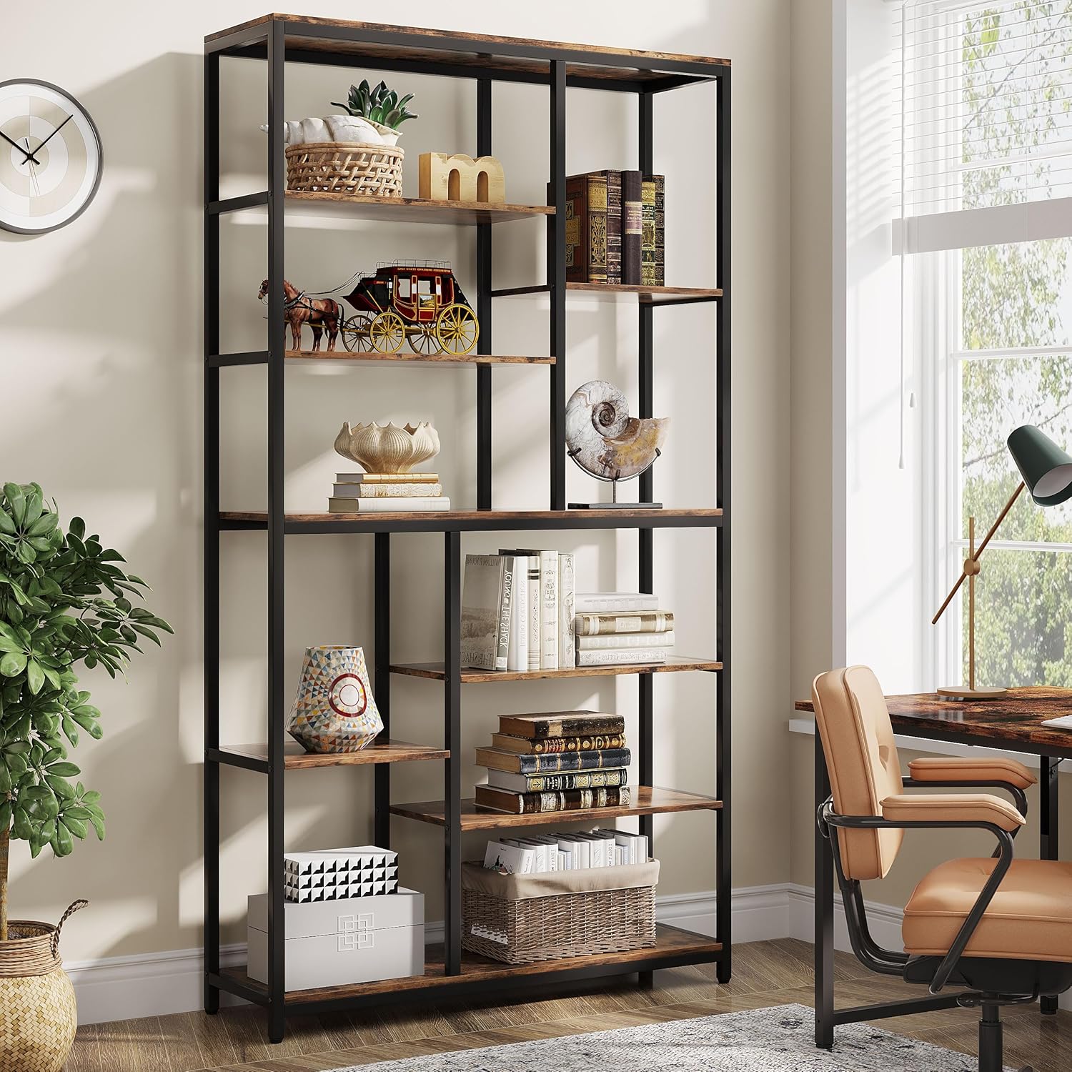 79" Industrial Bookcase, 8-Shelf Staggered Wood & Metal Display Shelf