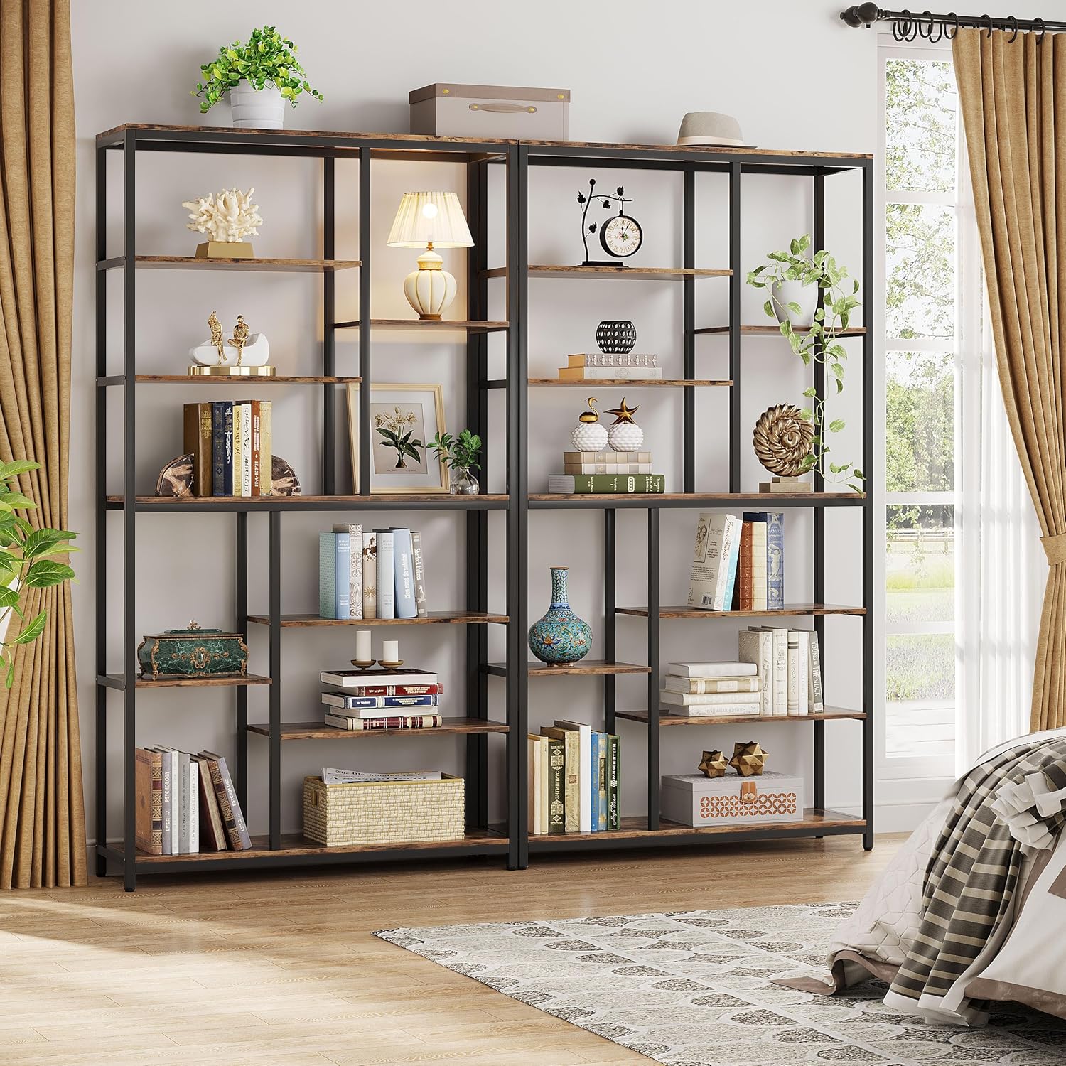 79" Industrial Bookcase, 8-Shelf Staggered Wood & Metal Display Shelf