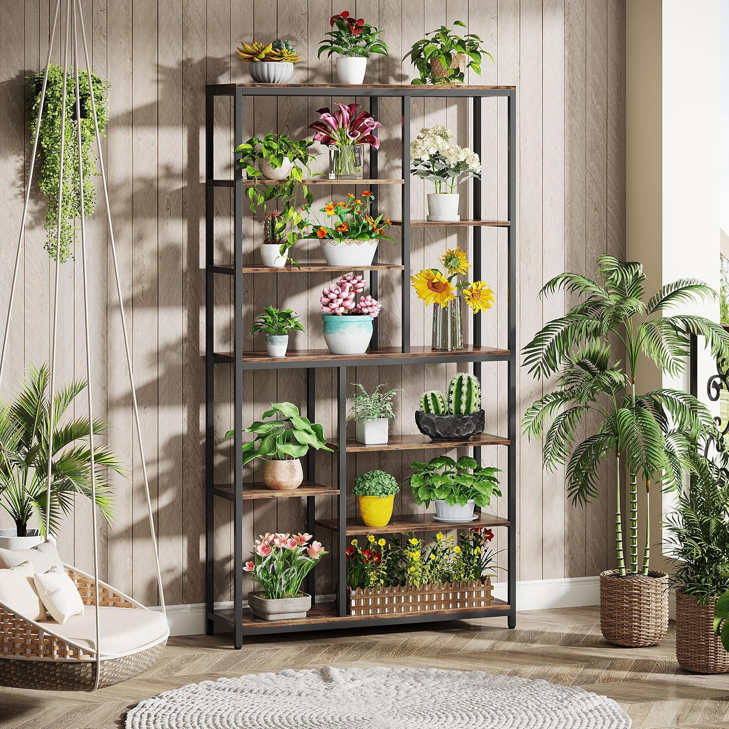 79" Industrial Bookcase, 8-Shelf Staggered Wood & Metal Display Shelf