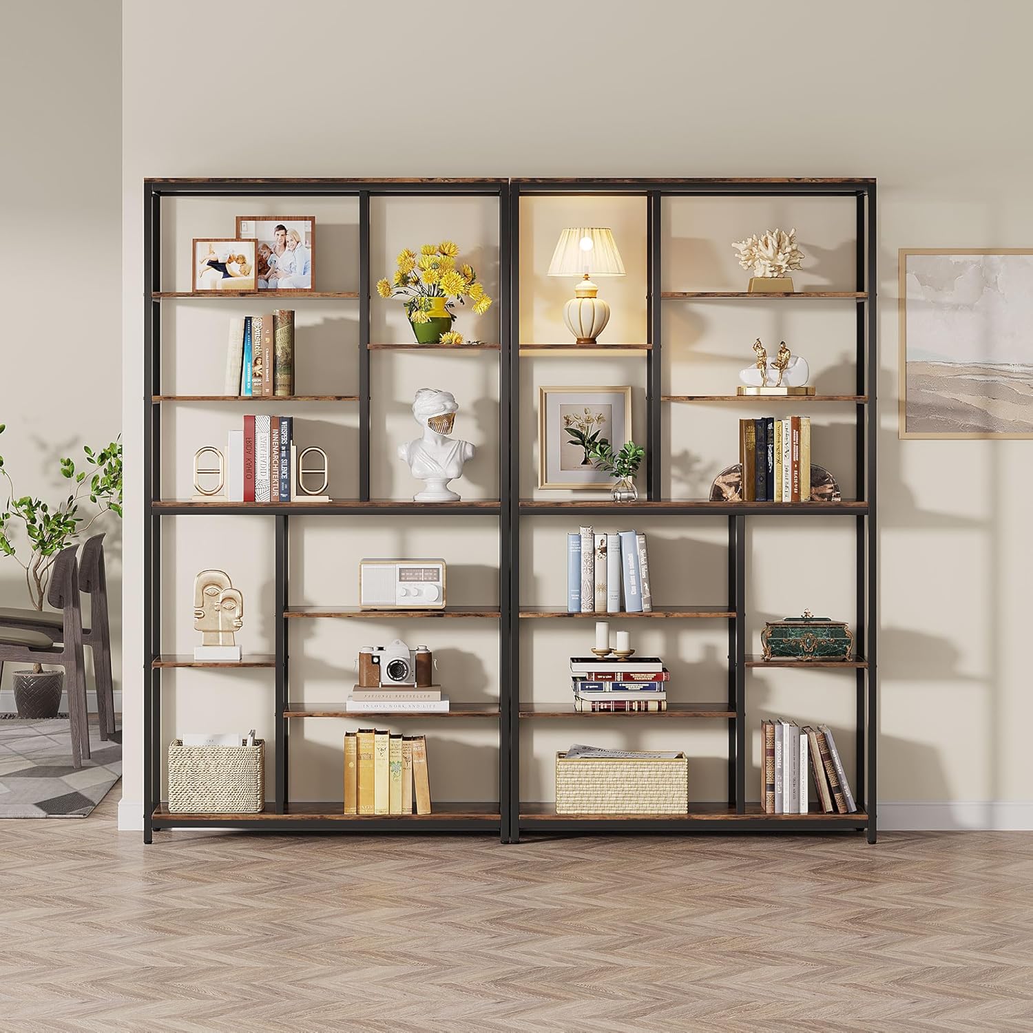 79" Industrial Bookcase, 8-Shelf Staggered Wood & Metal Display Shelf