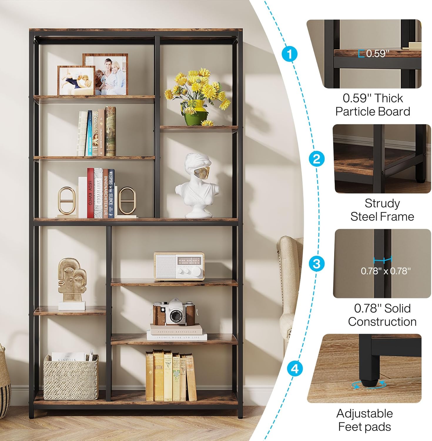 79" Industrial Bookcase, 8-Shelf Staggered Wood & Metal Display Shelf