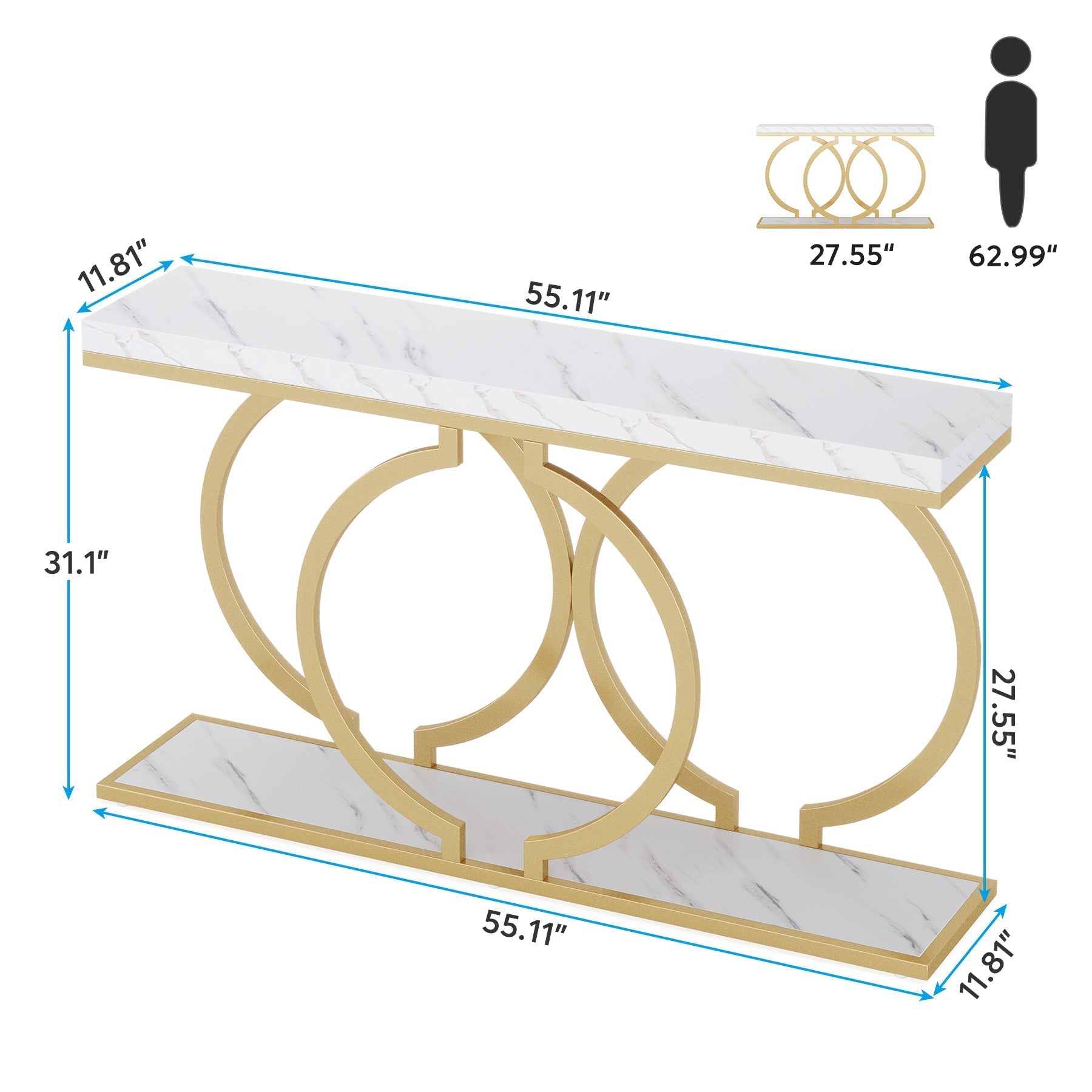 55" Console Table, Narrow Entryway Sofa Table with Geometric Metal Frame
