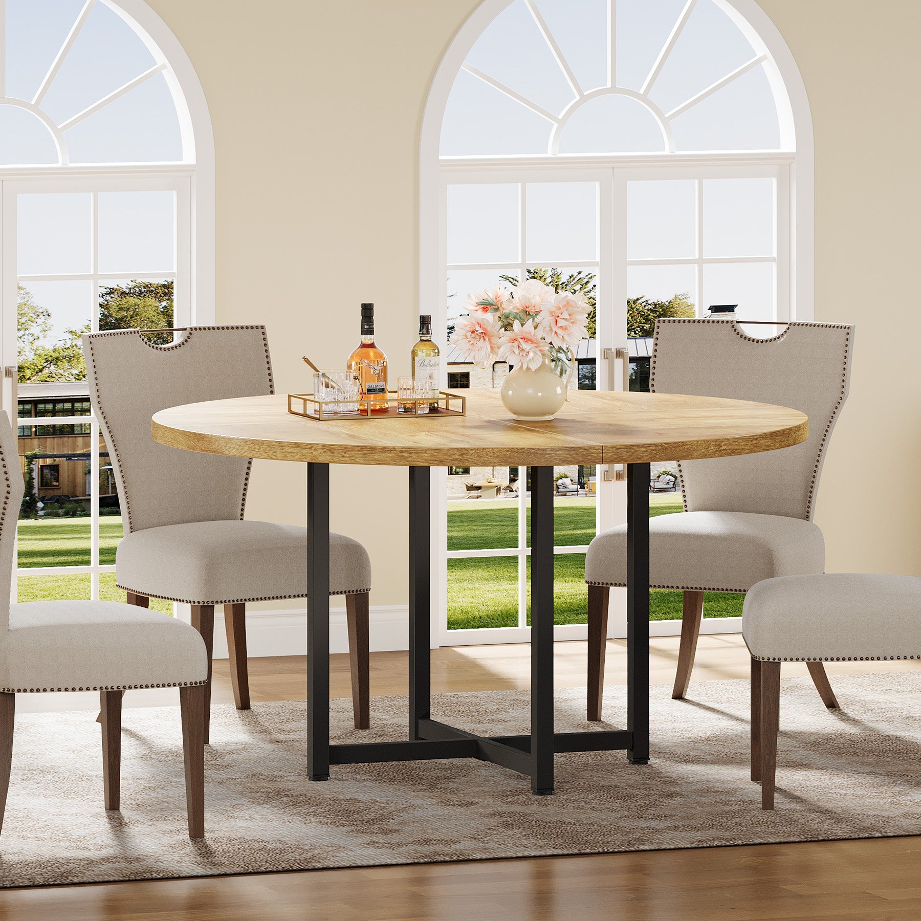 47" Round Dining Table, Heavy-Duty Metal Base, Space-Saving