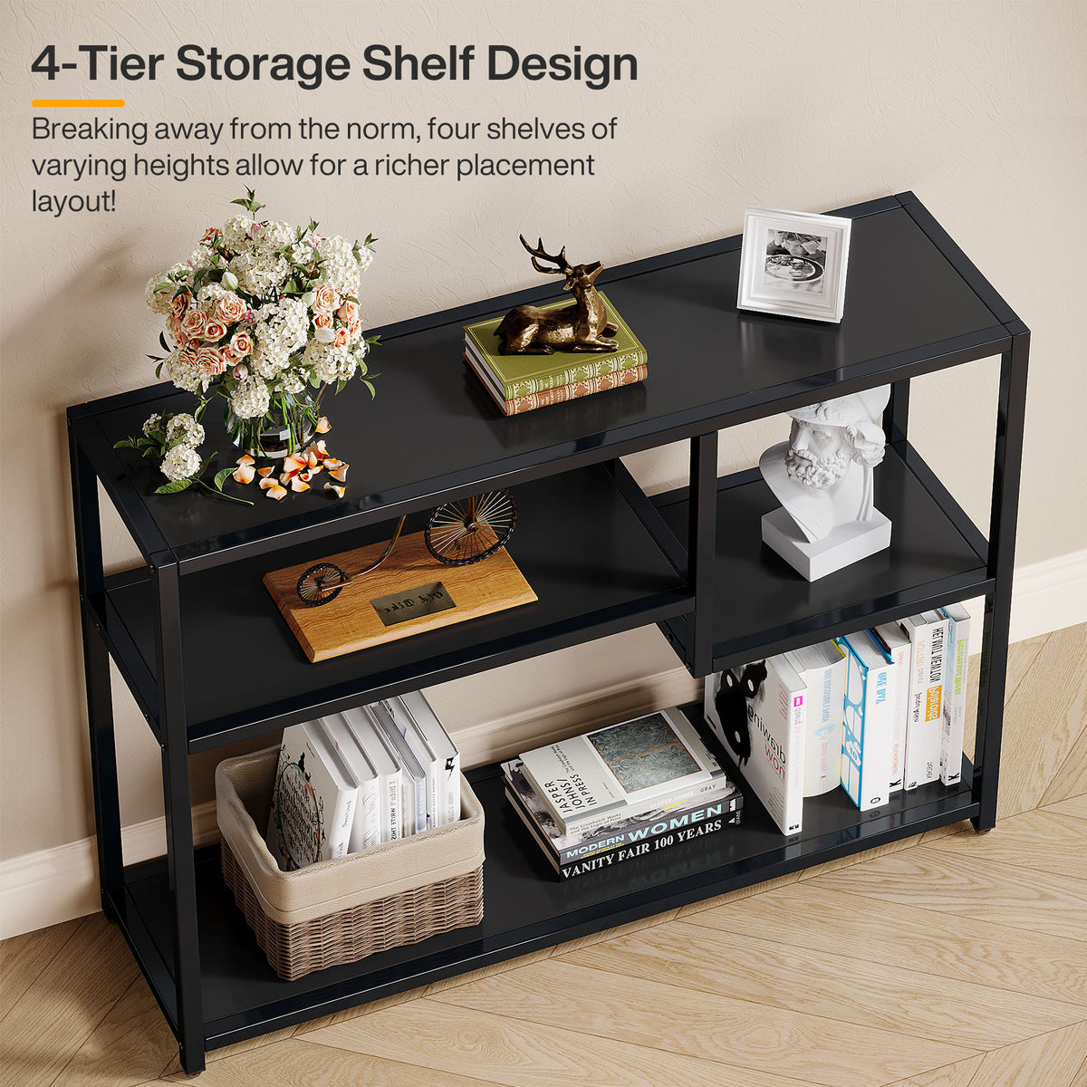 110cm Console Table, 4-Tier Black Entryway Storage Shelf with Metal Frame