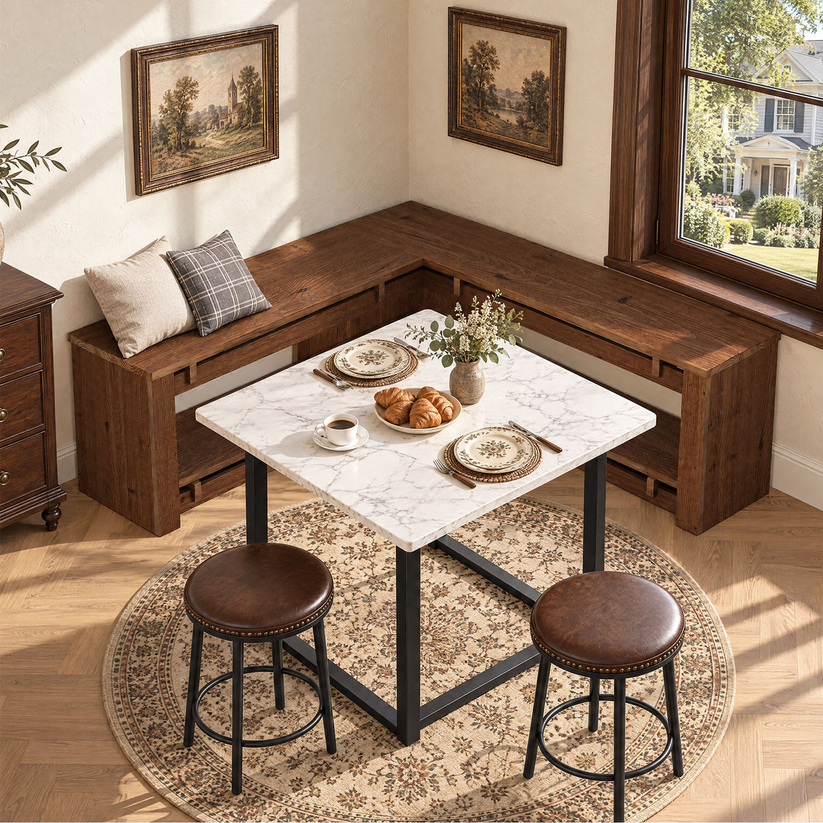 120cm L-Shaped Corner Dining Bench, Rustic Solid Wood with Storage Shelf for Breakfast Nook