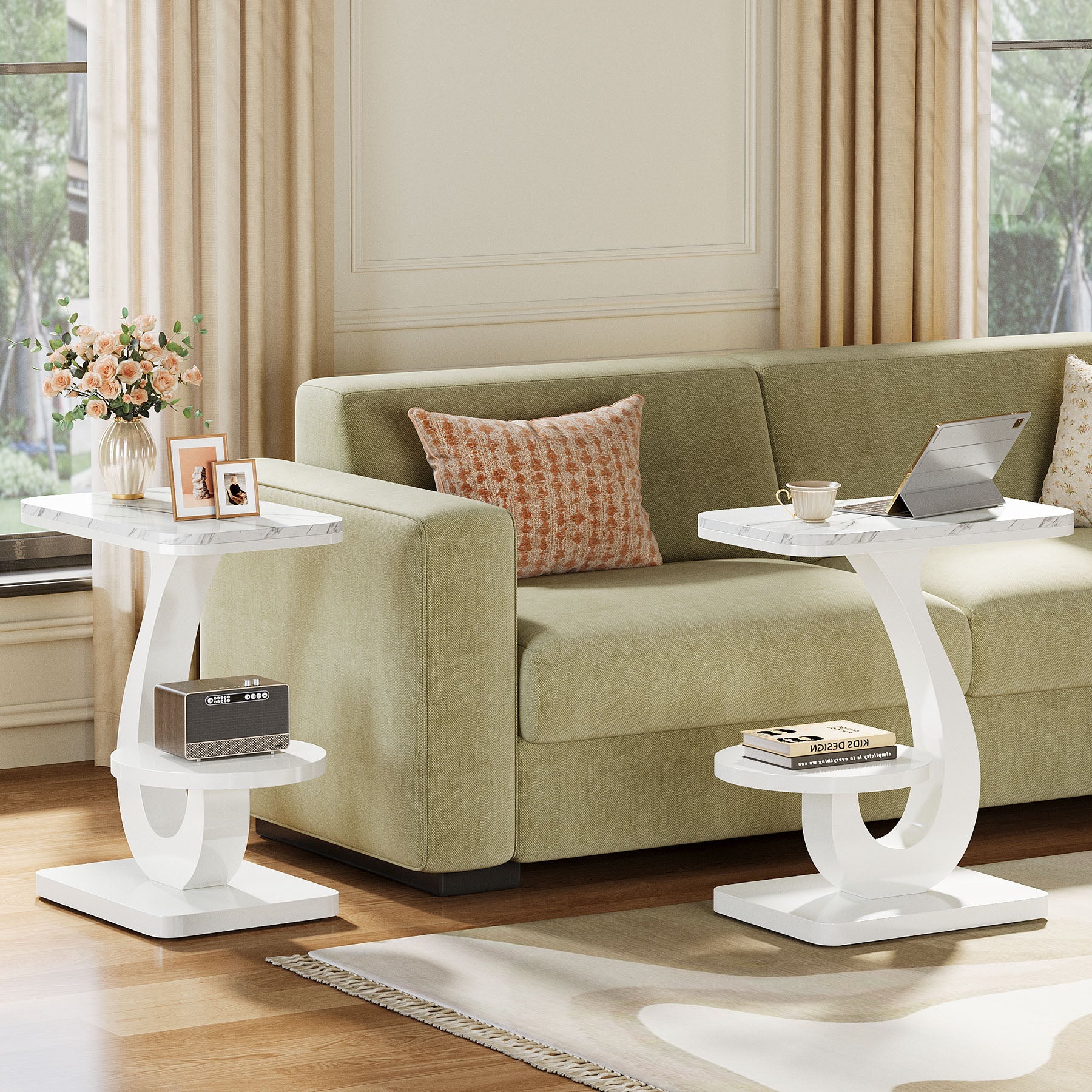 23.62" C-Shaped End Table with Faux Marble Top, Modern 2-Tier Side Table for Sofa and Bed
