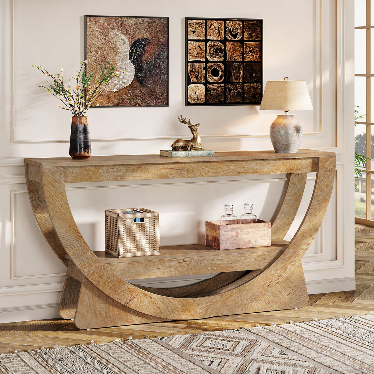 63" Farmhouse Console Table with 2 Shelves, Narrow Sofa Table in Dark Brown
