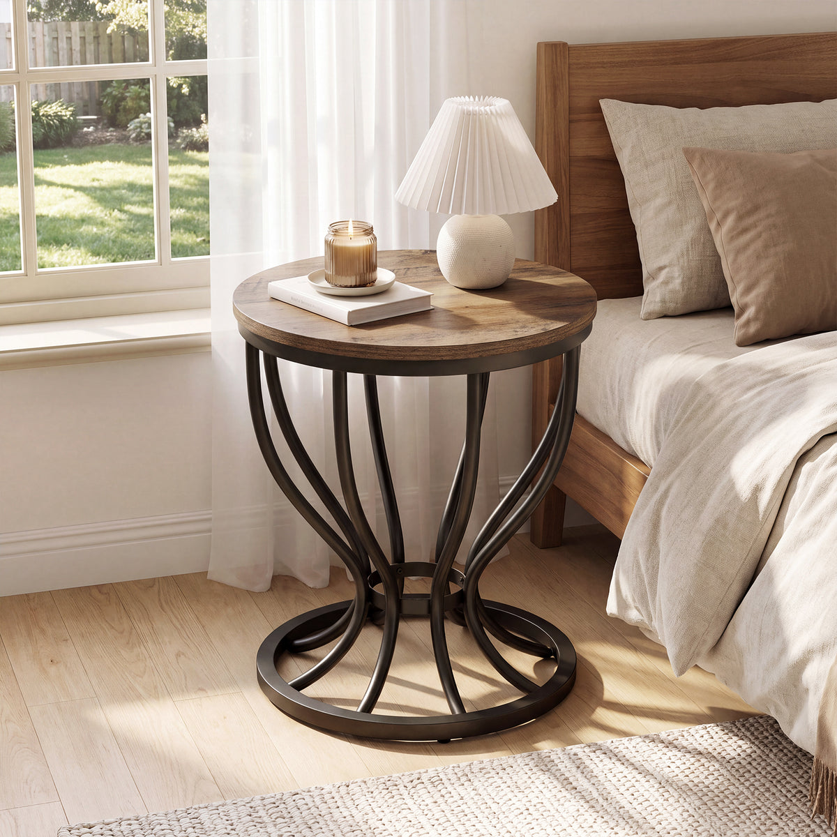 50cm Round Side Table, Industrial End Table with Curved Metal Frame