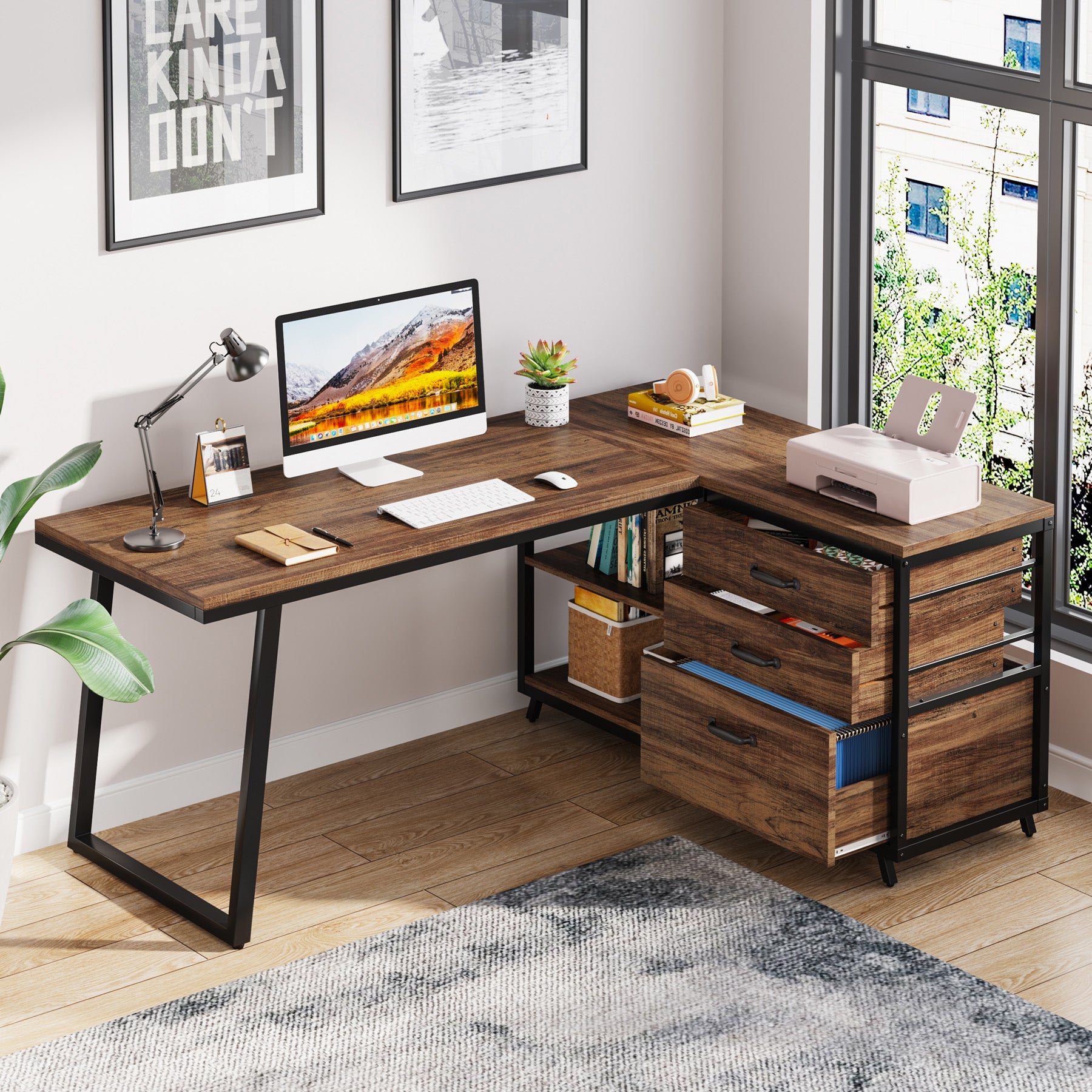 53" Reversible L-Shaped Computer Desk with 3 Drawers and Shelves