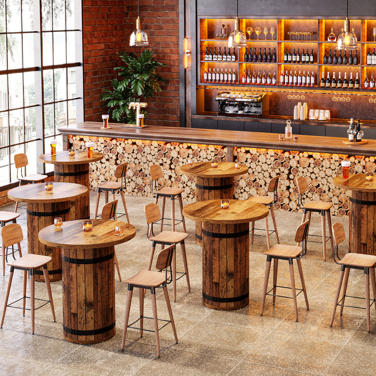 100cm Round Bar Table, Rustic Pub Table with Barrel Base for Kitchen Living Room