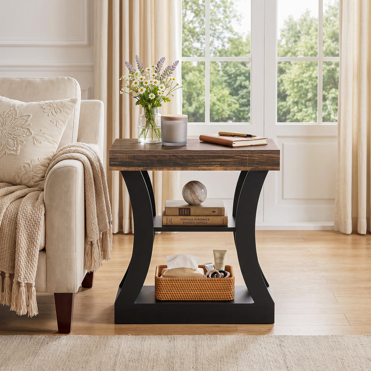 60cm Narrow Side Table, 3-Tier Modern End Table with Storage for Living Room Bedroom