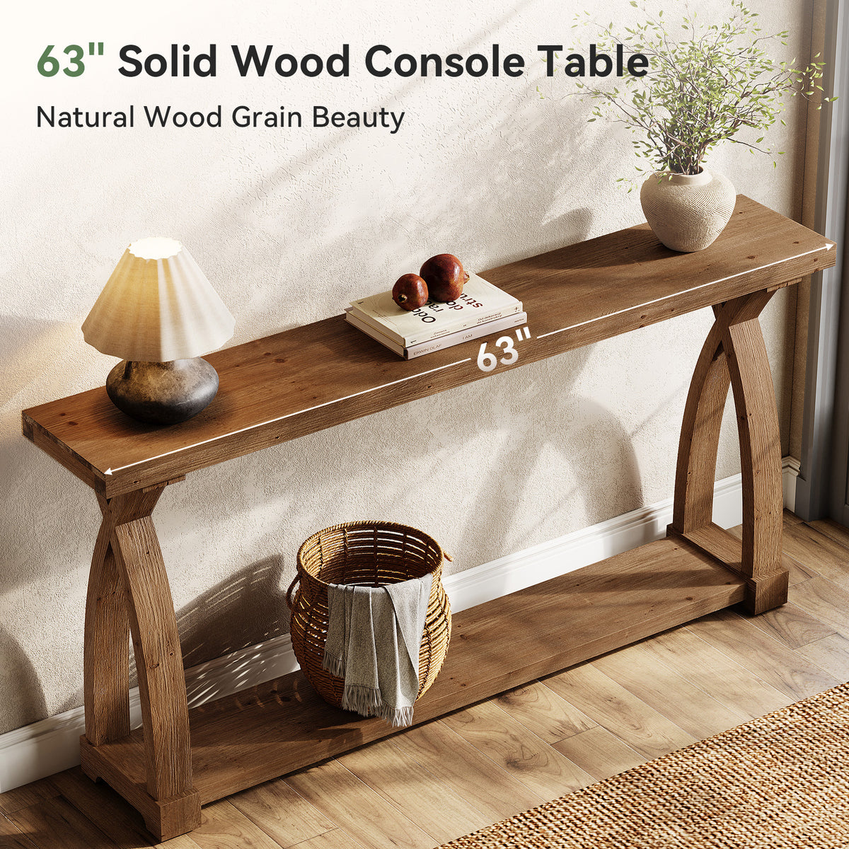160cm Console Table, Narrow Solid Wood 2-Tier for Hallway Living Room