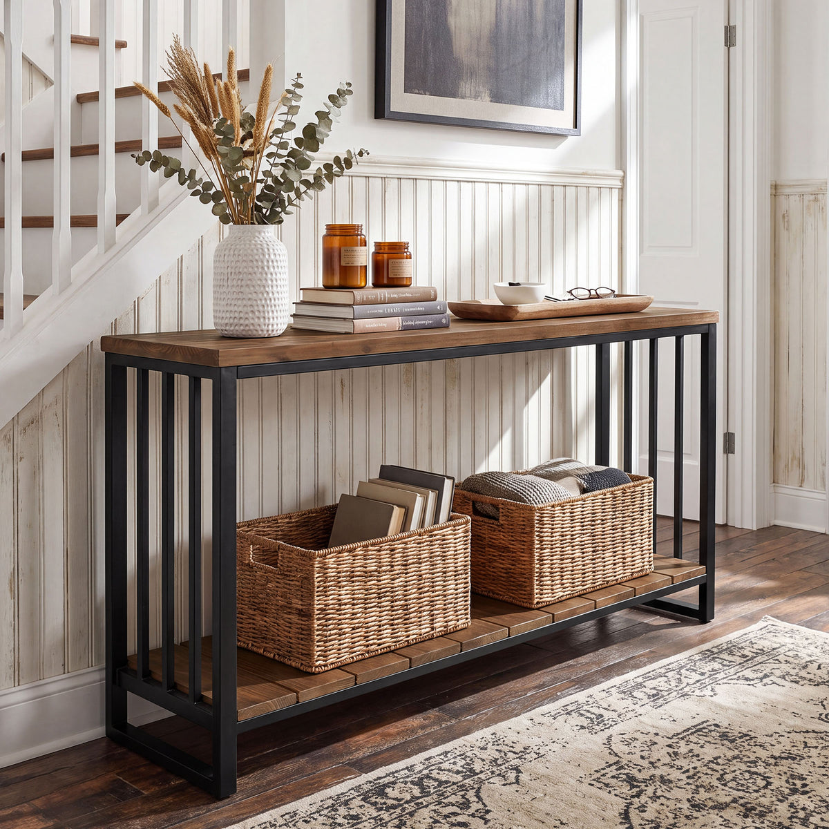 140cm Console Table, Narrow Country Hallway Table with Metal Frame
