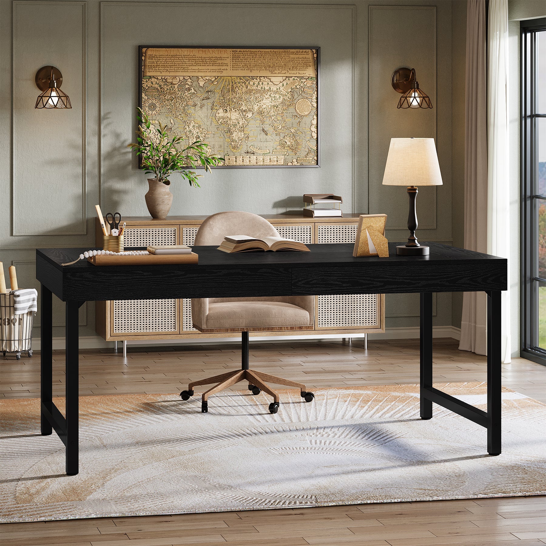 55" Industrial Executive Desk, Rustic Office Desk with Metal Legs, Study & Conference Workstation
