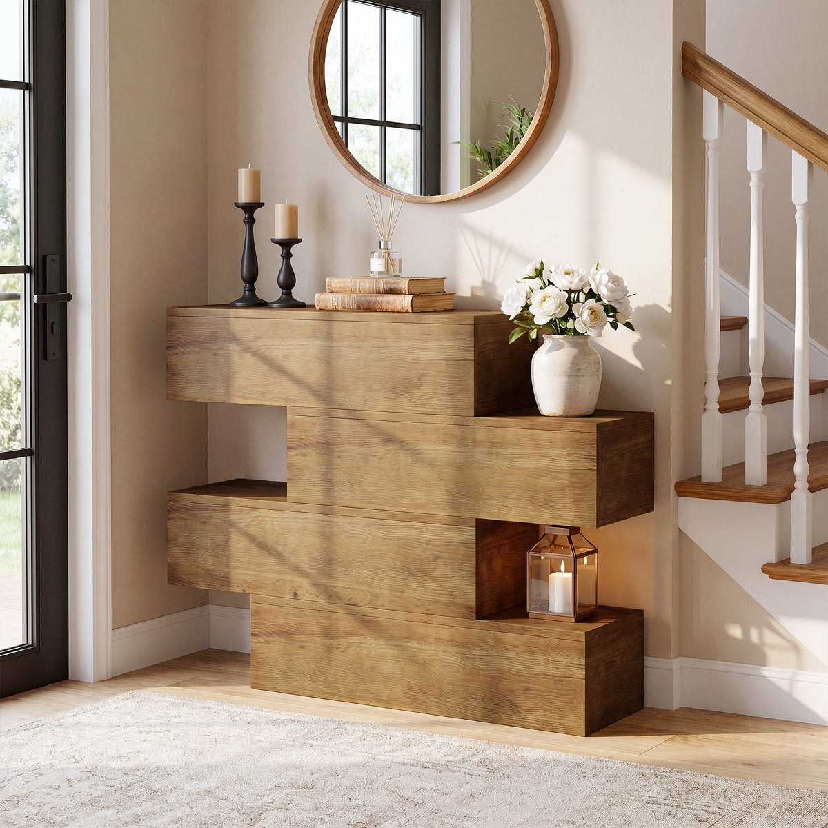110cm Console Table, Asymmetrical Solid Wood Rustic Sofa Table for Living Room
