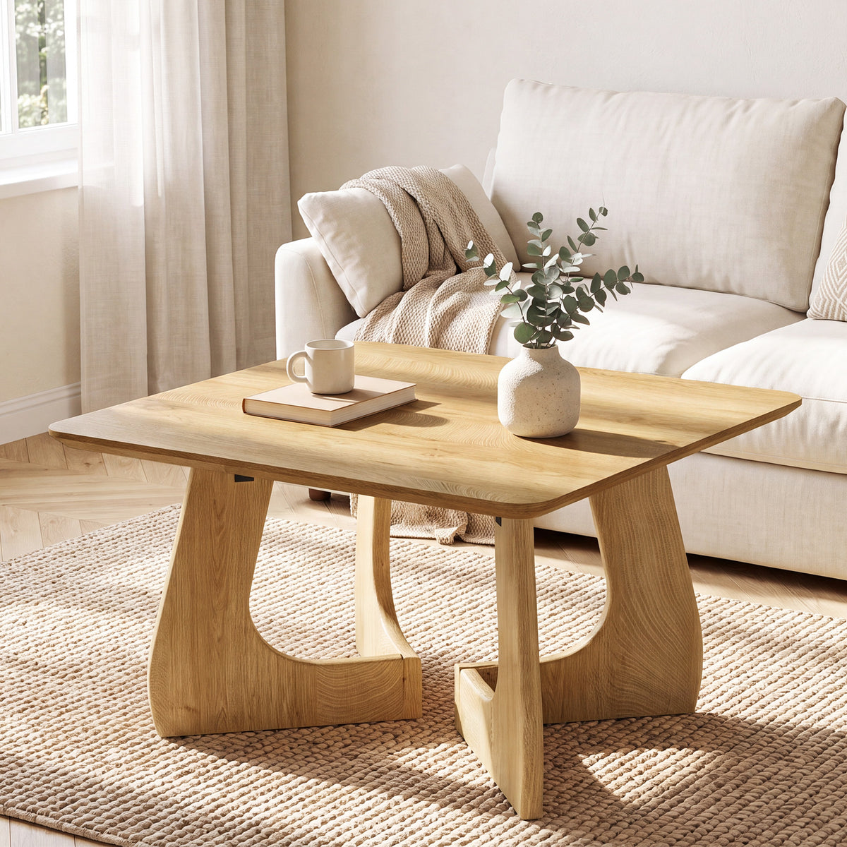 80cm Square Coffee Table, Modern Sculptural Wood Frame for Living Room