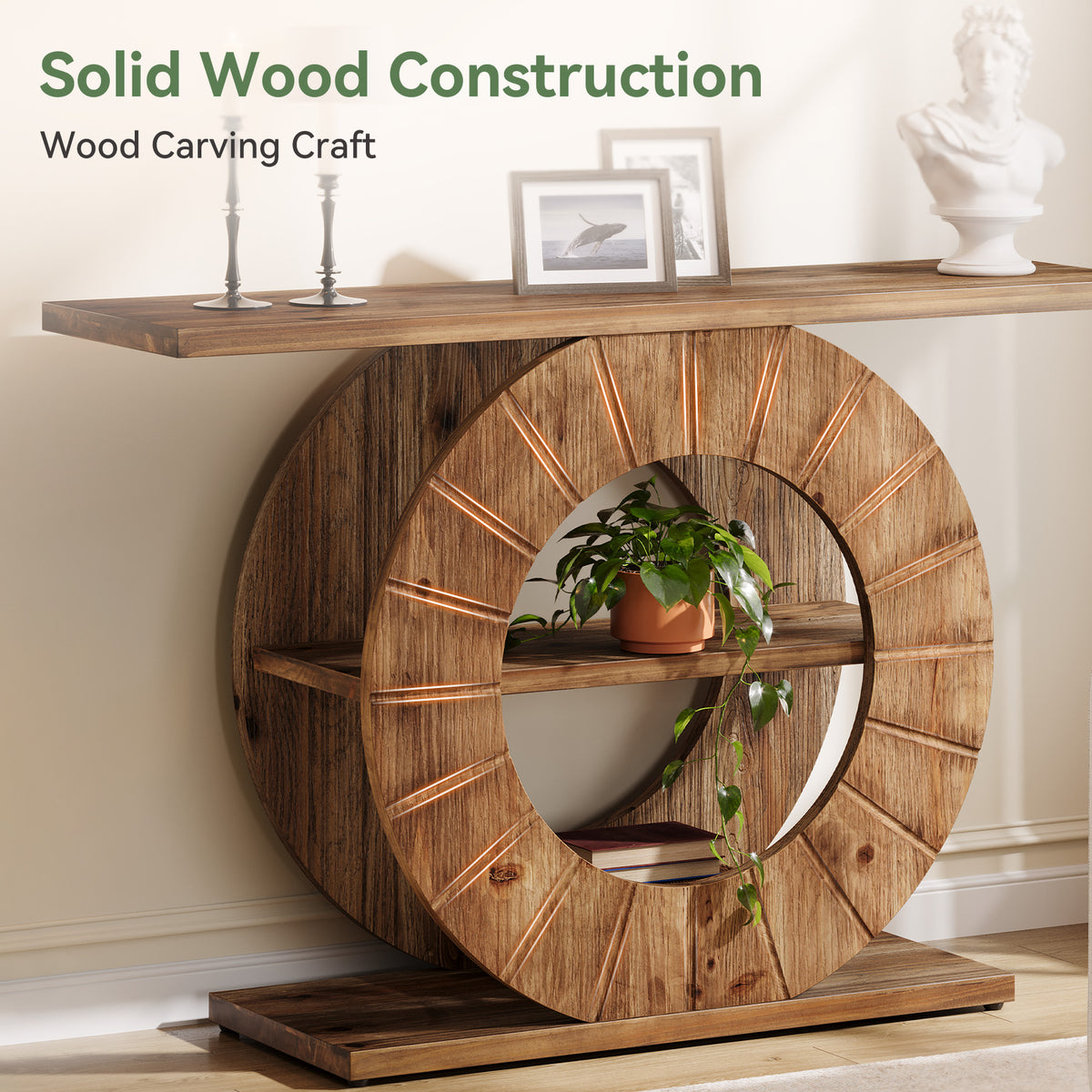 105cm Console Table, Solid Wood 3-Tier Entryway Table with Circular Base