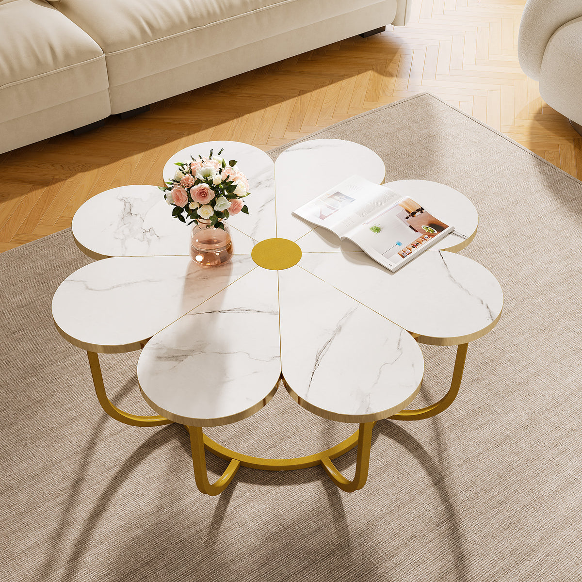 100cm White Coffee Table, with Gold Floral Legs and Faux Marble Top