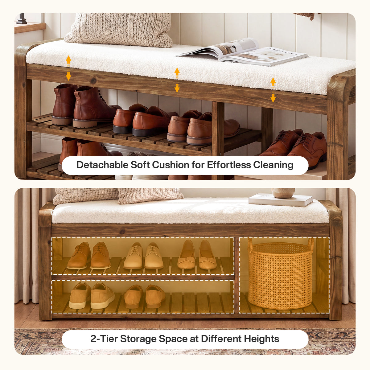 140cm Shoe Storage Bench, Solid Wood Upholstered Entryway Bench with Removable Cushion