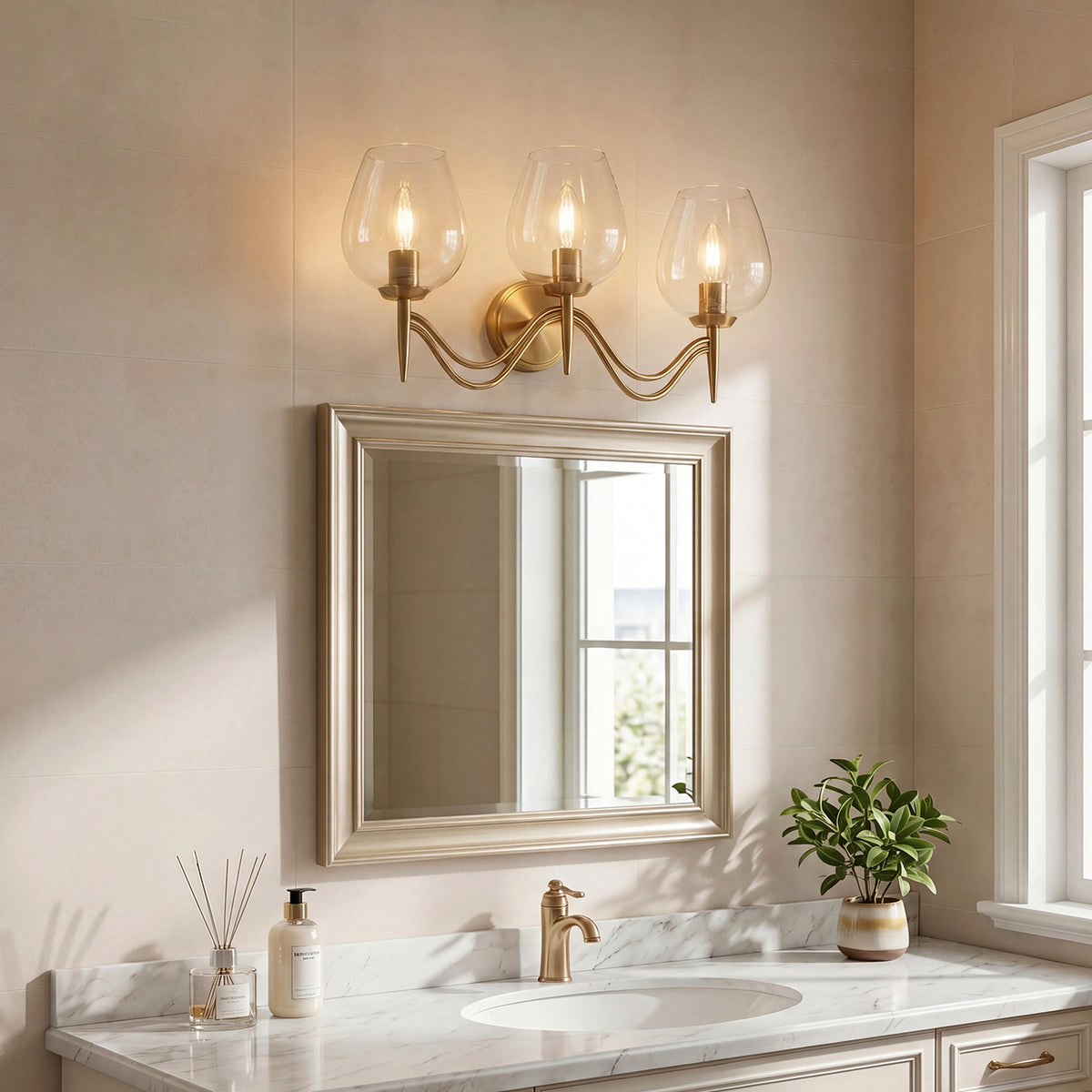 3-Light 22.8" Gold Bathroom Vanity Light, Clear Glass Wall Sconce