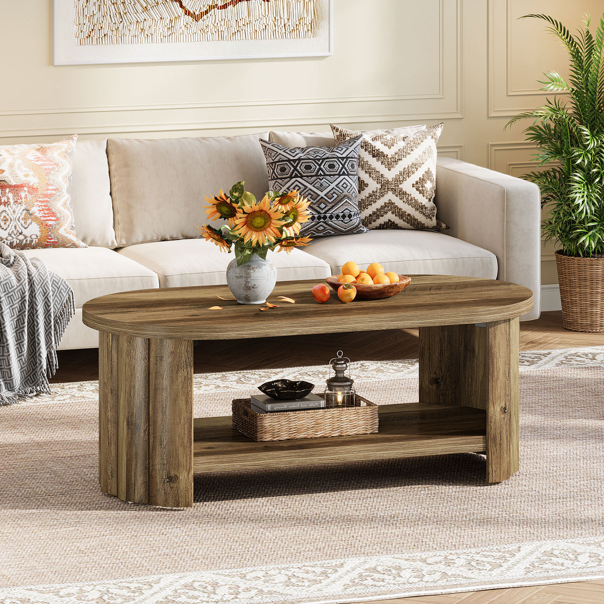 120cm Oval Coffee Table, Storage Shelf for Living Room