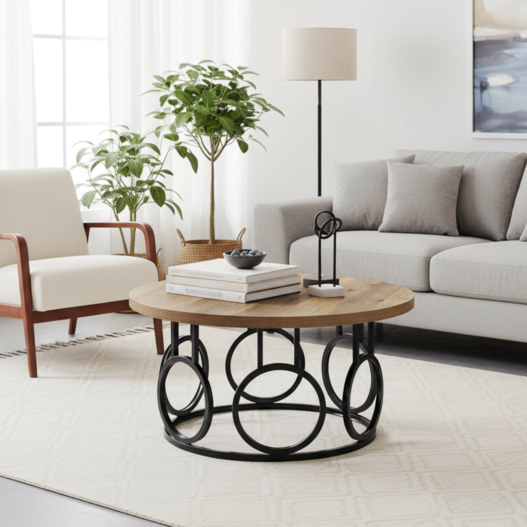 31.5" Round Coffee Table, Rustic Wood Grain and Metal Base with Industrial Design