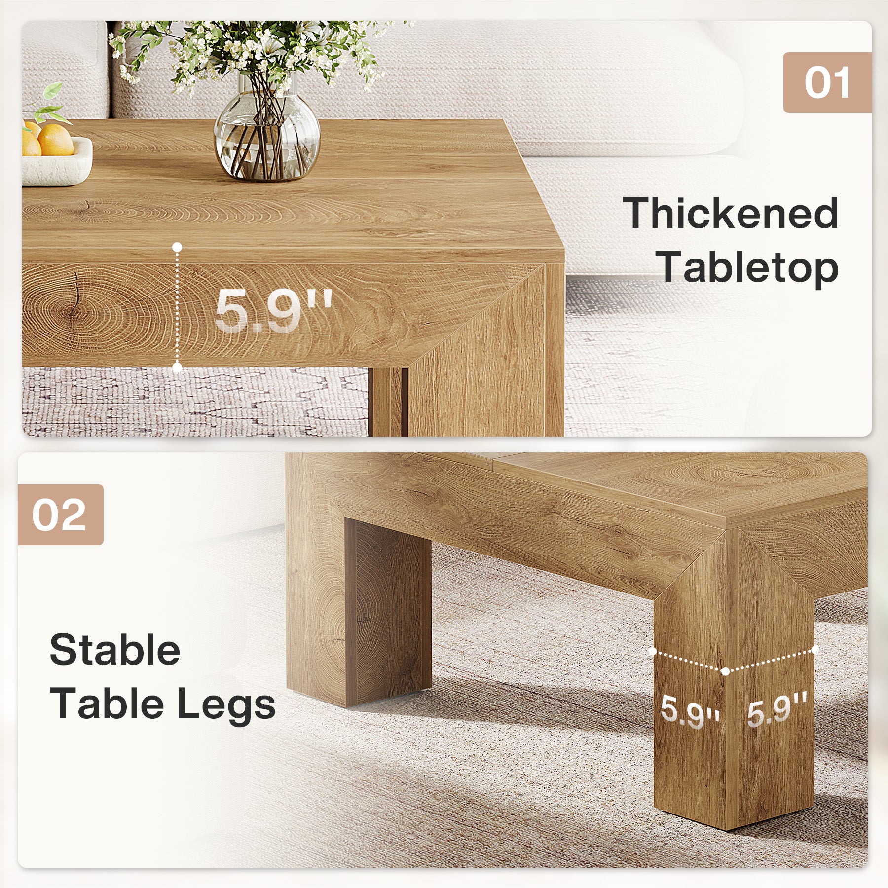 39" Square Farmhouse Coffee Table, Tea Table with Sturdy Wood Legs