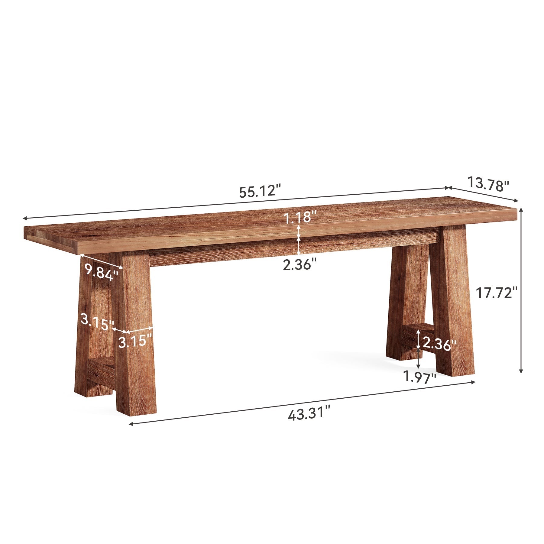 55" Solid Wood Bench, Farmhouse Shoe Entryway Bench for Living Room