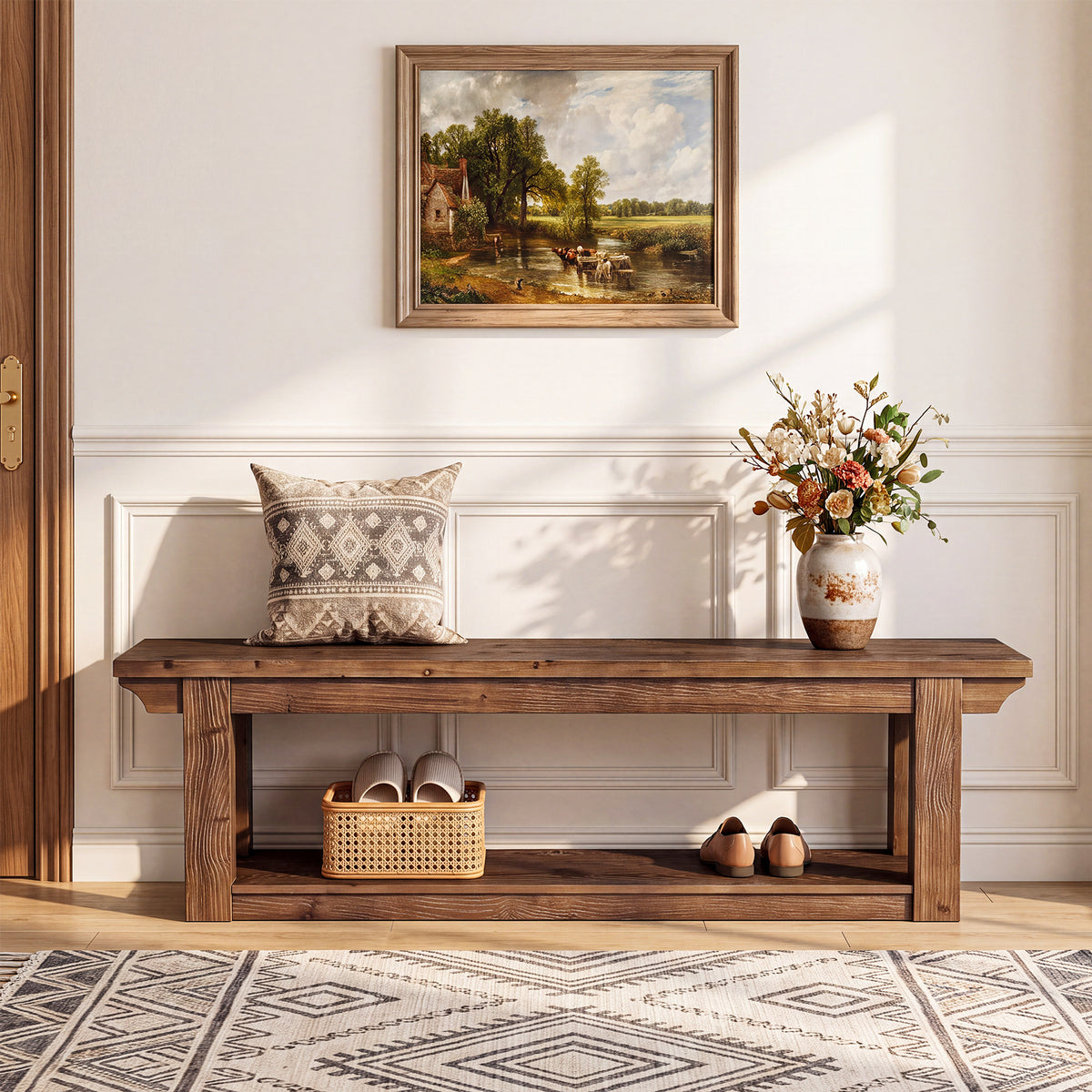160cm Entryway Shoe Bench, Farmhouse Solid Wood 2-Tier Storage for Hallway Bedroom
