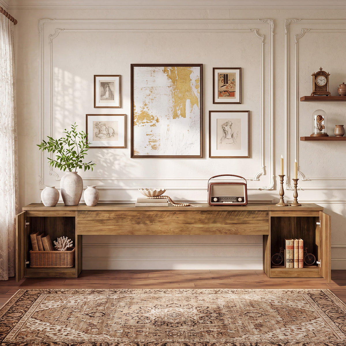 221cm TV Stand, Extra Long Entertainment Centre with 2 Storage Cabinets for up to 95" TVs
