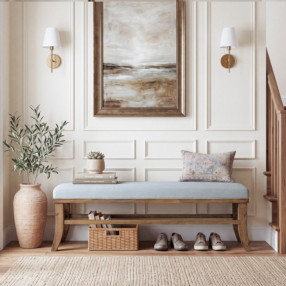 140cm Entryway Bench, Upholstered Wooden Bench with Linen Cushion & Solid Pine Frame