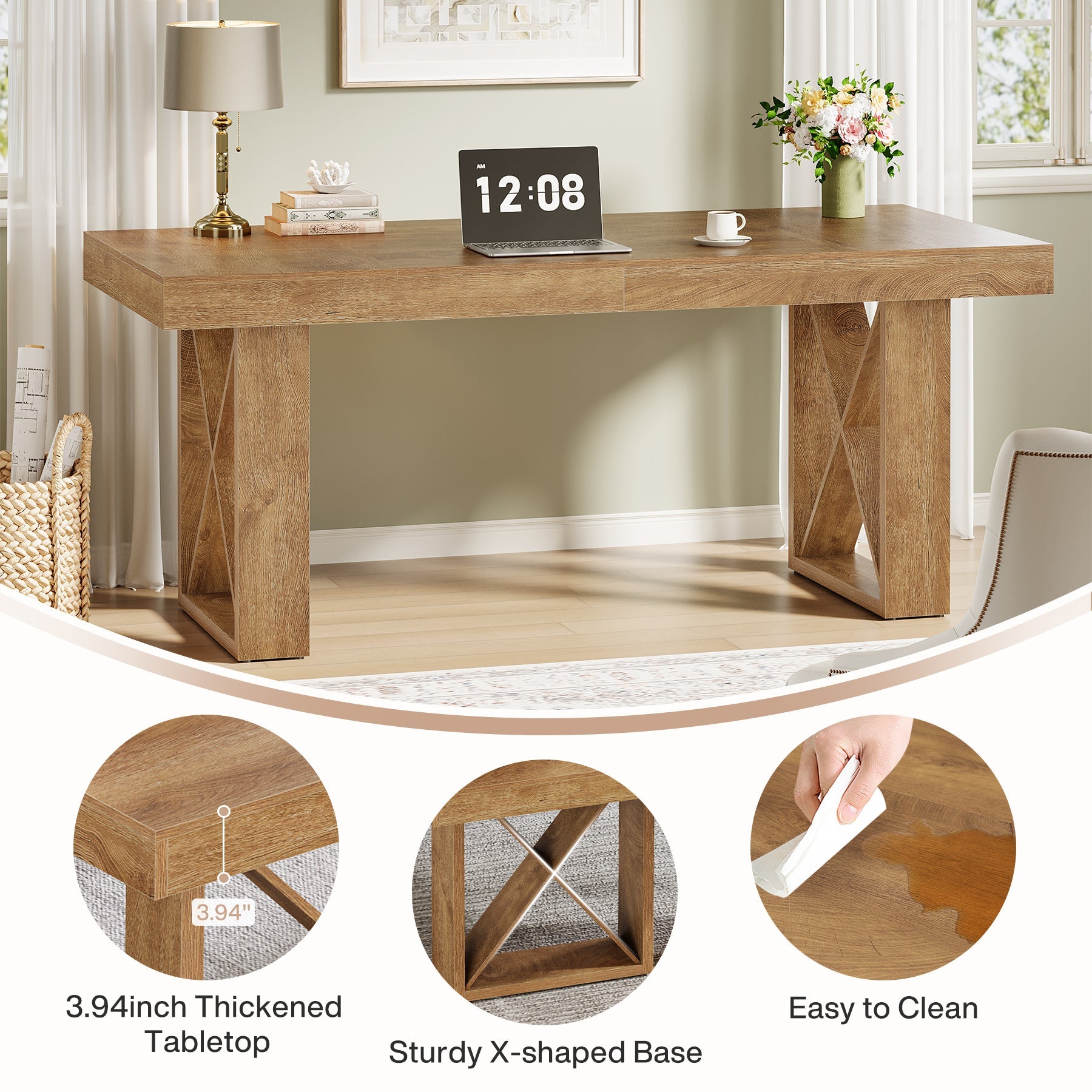 63“ Computer Desk with Thick Desktop, Writing Workstation for Home Office Study Room