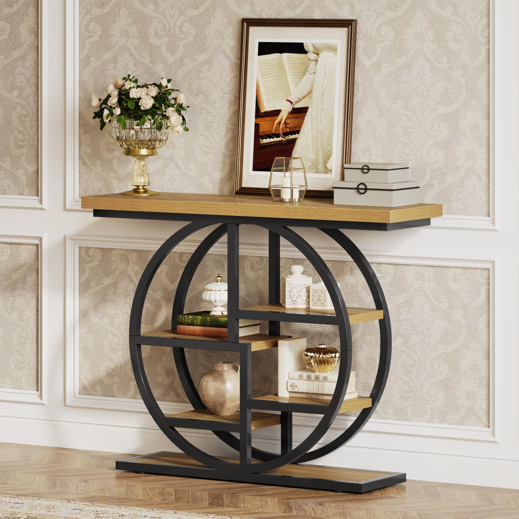 41" Industrial Console Table, Narrow 6-Tier Sofa Entryway Table with Circle Base