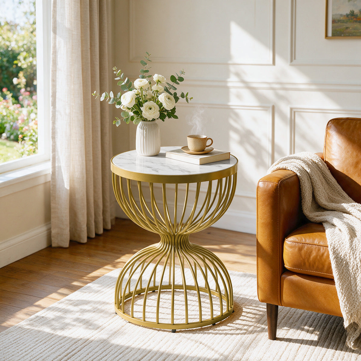 50cm Round End Table, Modern Accent Side Table with Faux Marble Top & Metal Frame