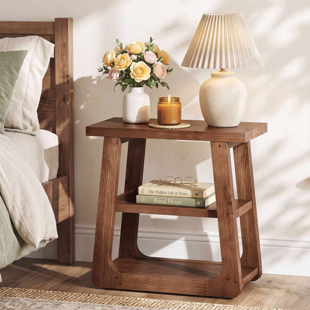 50cm Side Table, Farmhouse 3-Tier Solid Wood End Table for Small Spaces