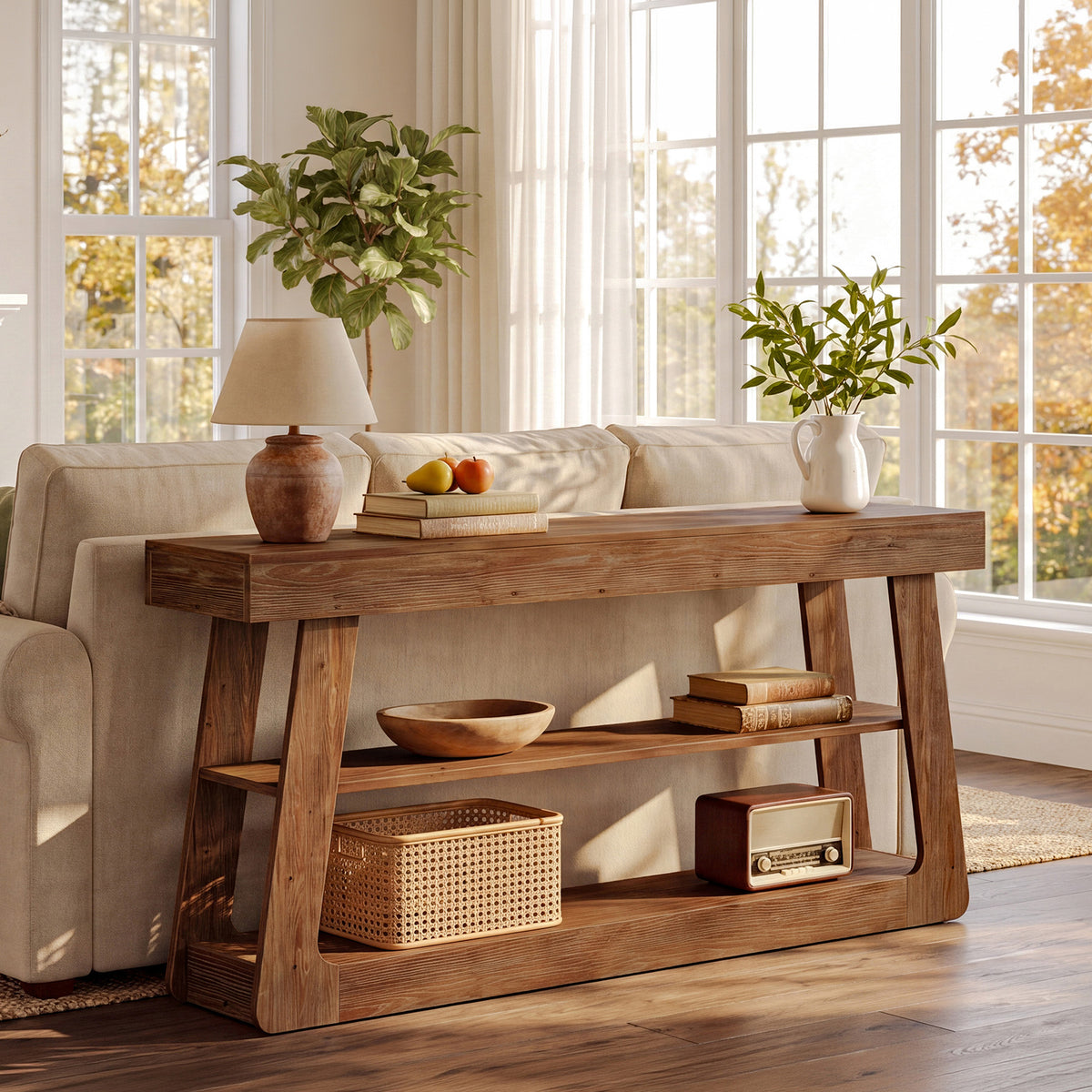160cm Console Table, Solid Wood 3-Tier Entryway Table with A-Shaped Frame